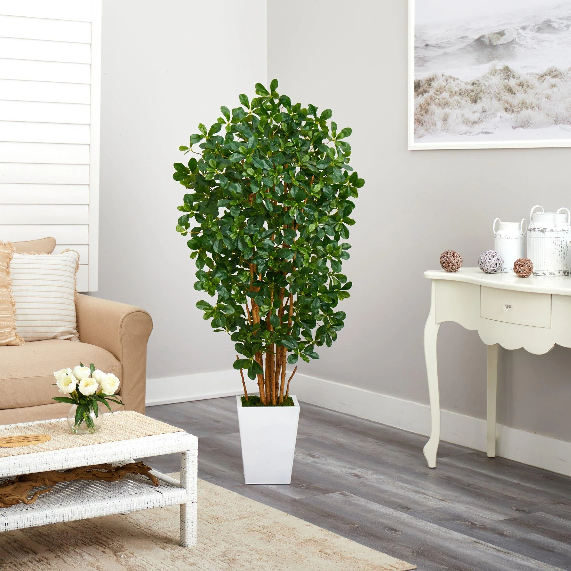 5.5’ Black Olive Artificial Tree with 1365 Bendable Leaves in Metal White Planter - Image 4