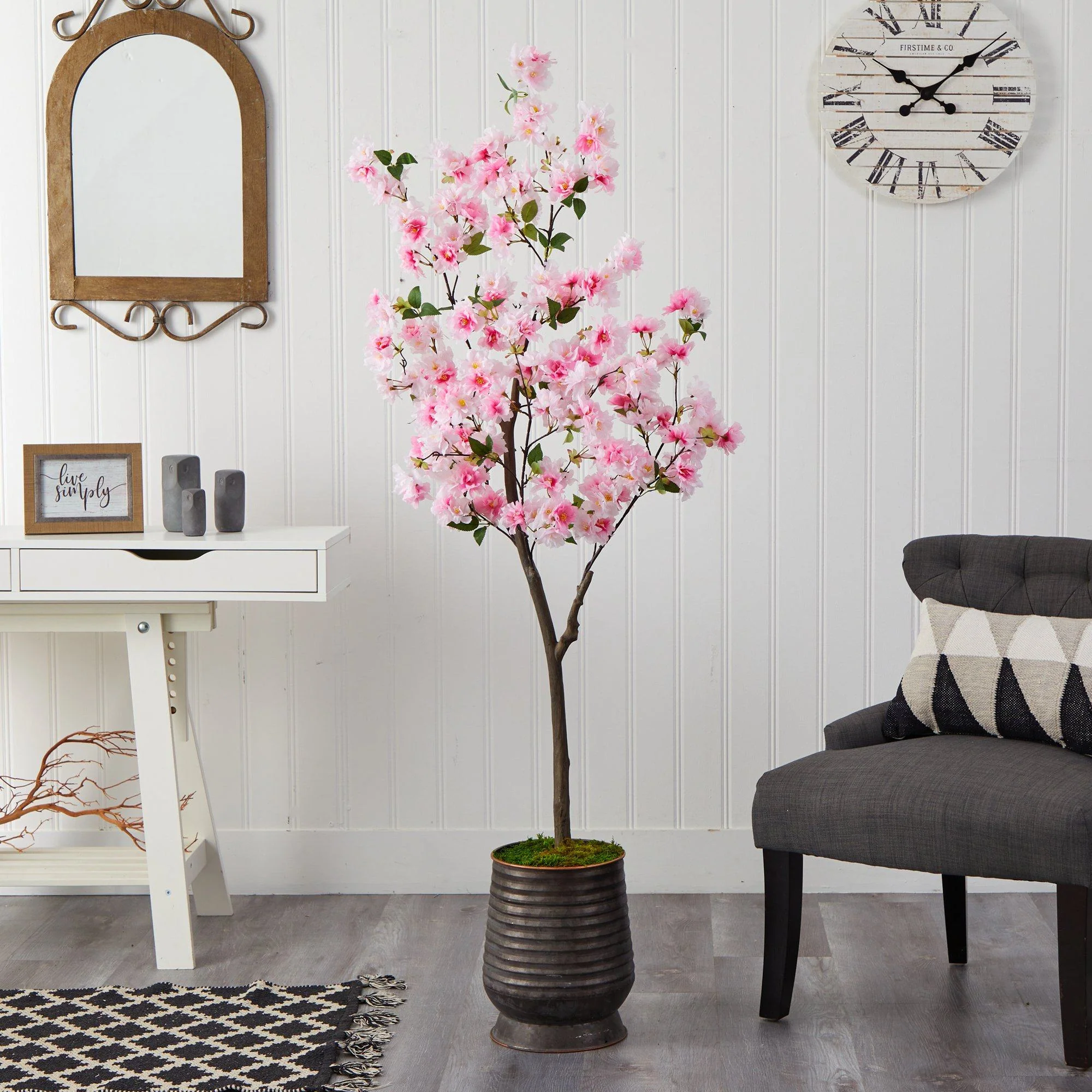 5.5’ Cherry Blossom Artificial Tree in Ribbed Metal Planter - Image 3