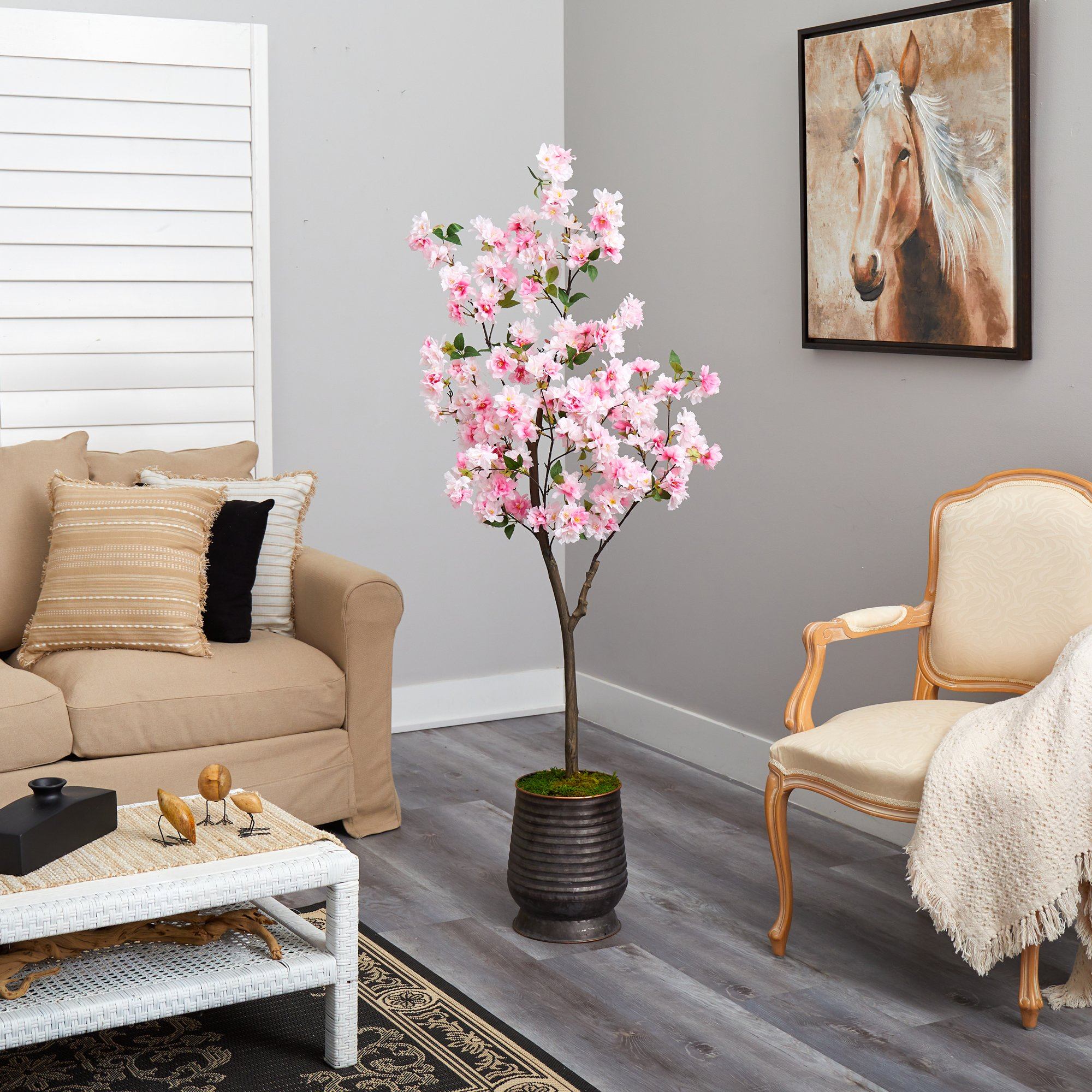 5.5’ Cherry Blossom Artificial Tree in Ribbed Metal Planter - Image 4