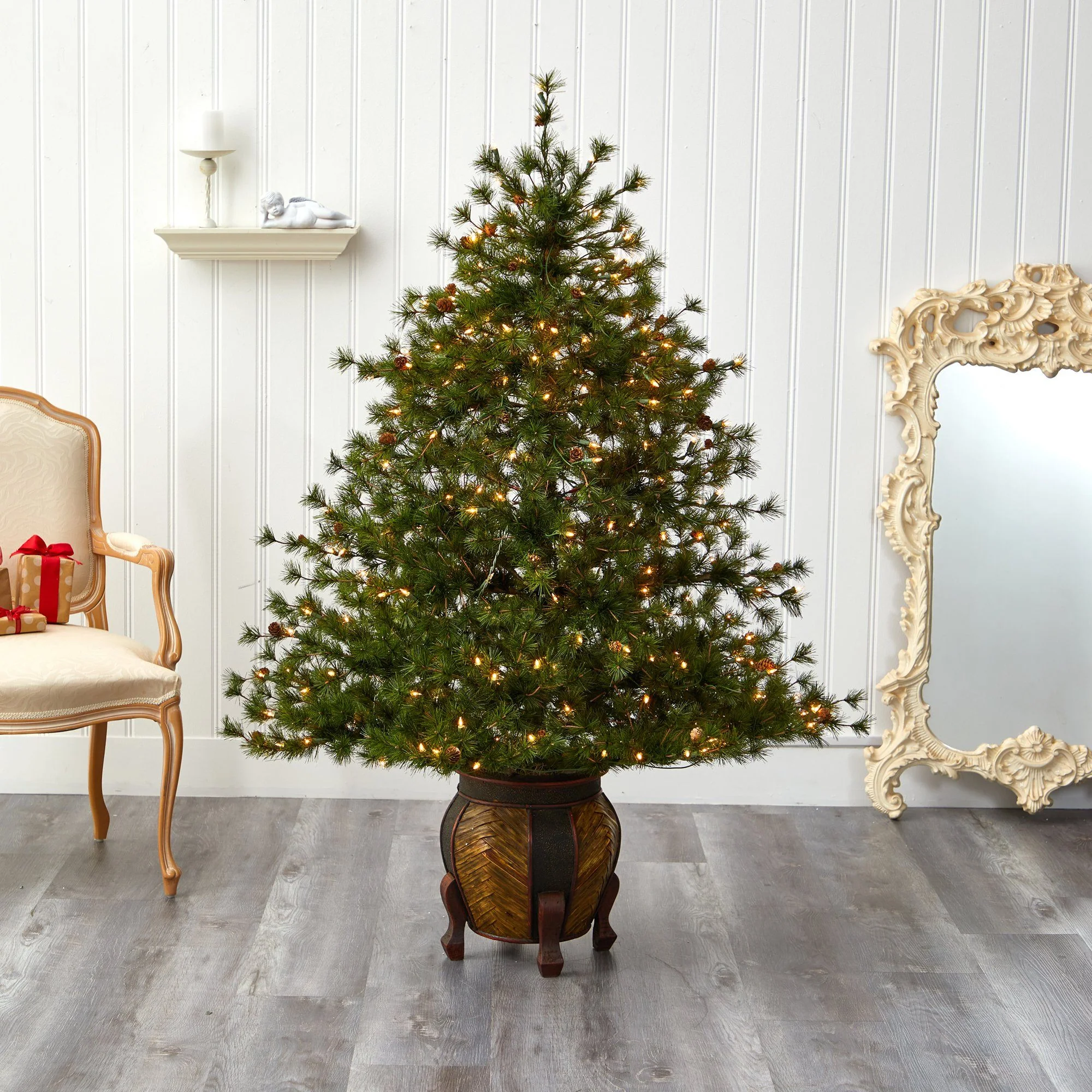 5.5’ Colorado Mountain Pine Artificial Christmas Tree with 250 Clear Lights, 669 Bendable Branches and Pine Cones in Decorative Planter - Image 7