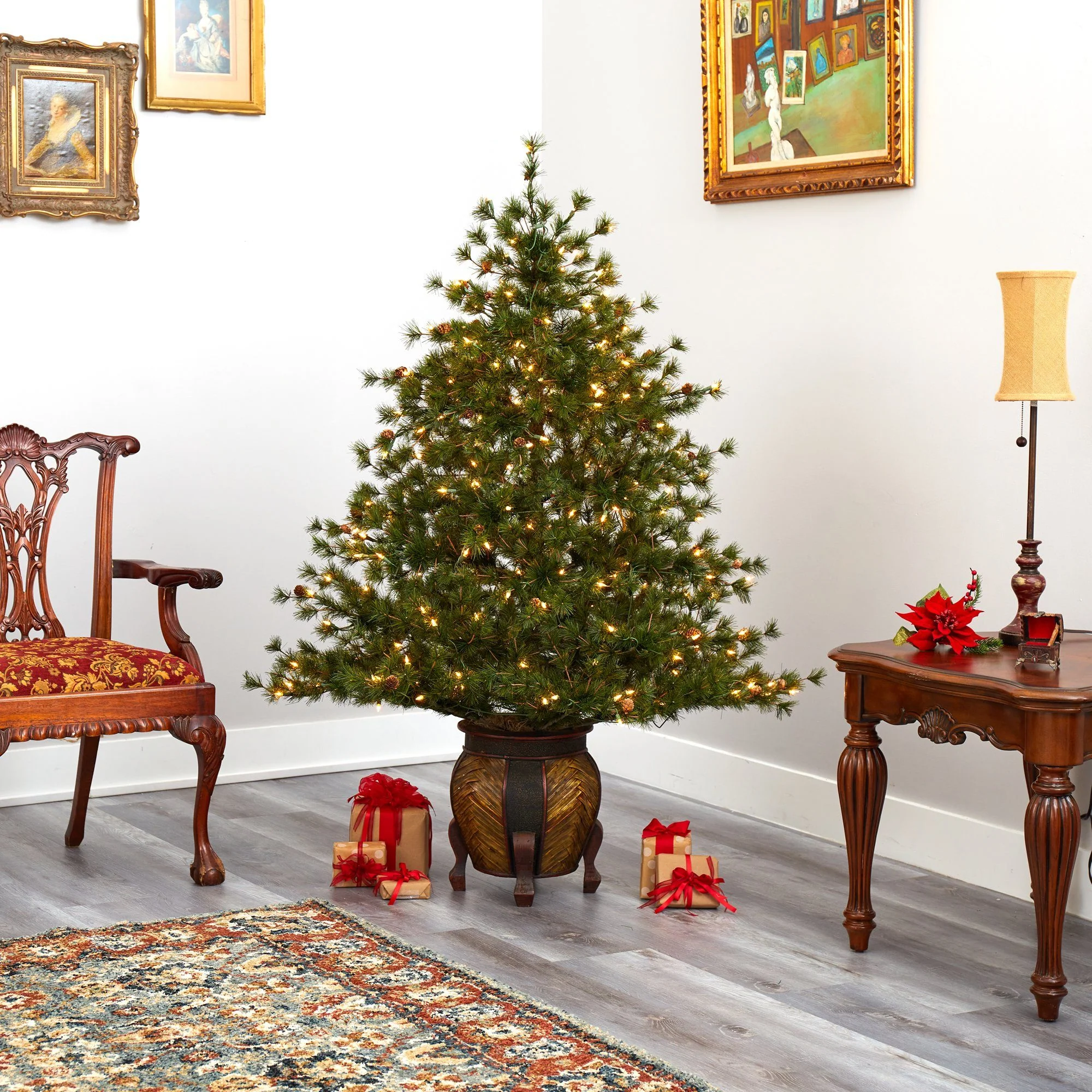 5.5’ Colorado Mountain Pine Artificial Christmas Tree with 250 Clear Lights, 669 Bendable Branches and Pine Cones in Decorative Planter - Image 8
