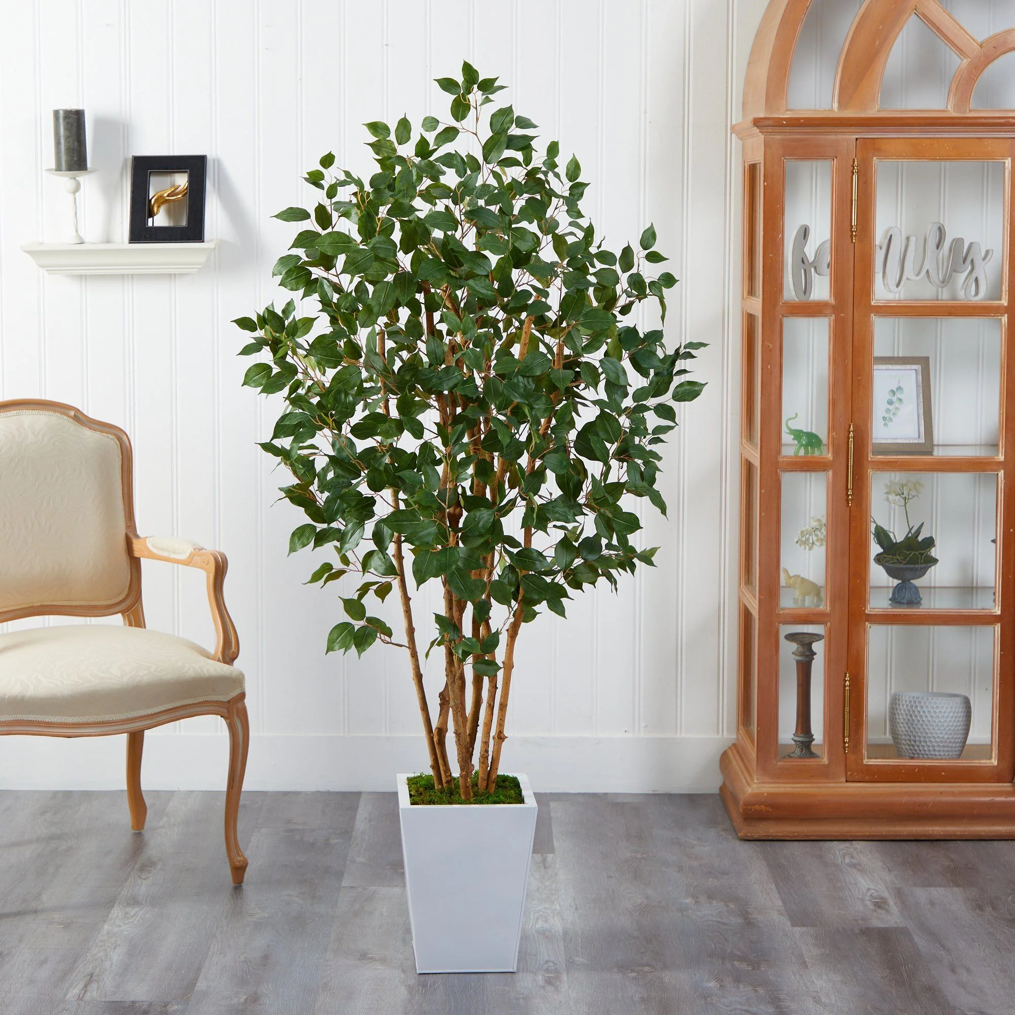 5.5' Ficus Bushy Artificial Tree in White Metal Planter - Image 3