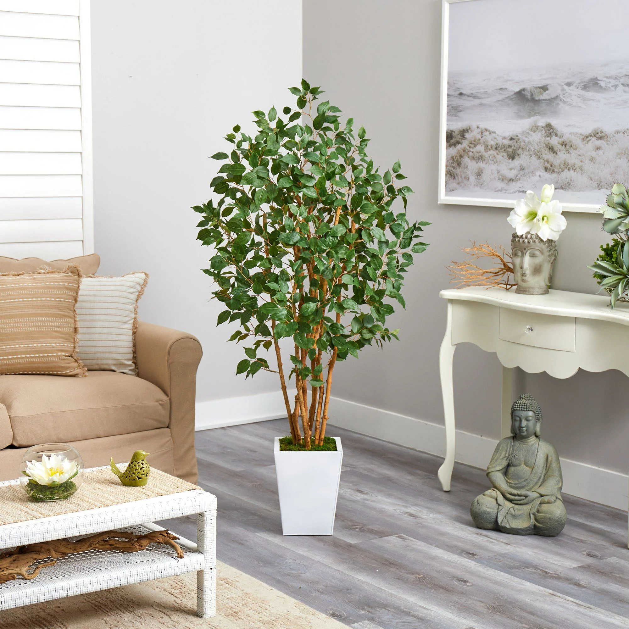 5.5' Ficus Bushy Artificial Tree in White Metal Planter - Image 4
