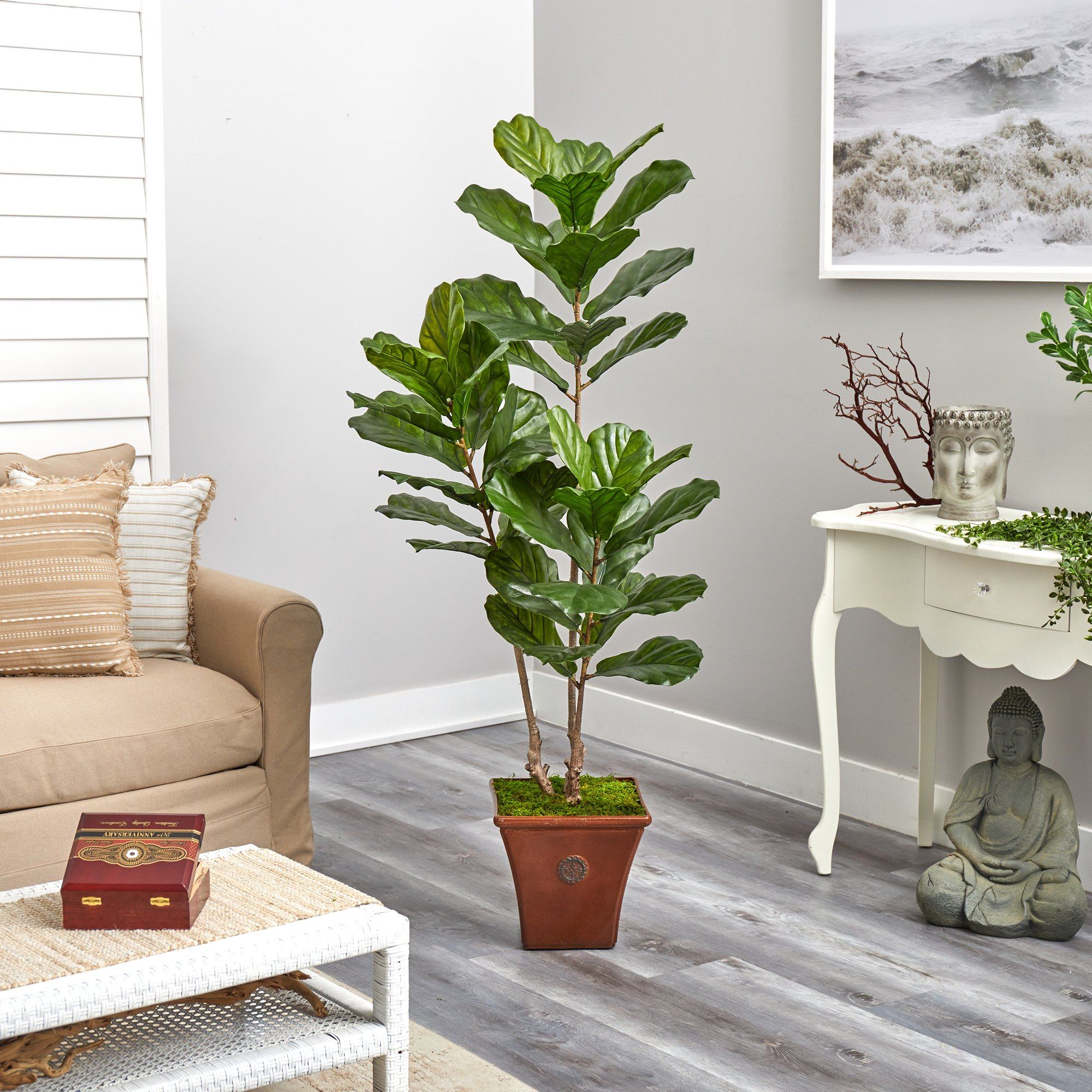 5.5’ Fiddle Leaf Artificial Tree in Brown Planter (Indoor/Outdoor) - Image 3