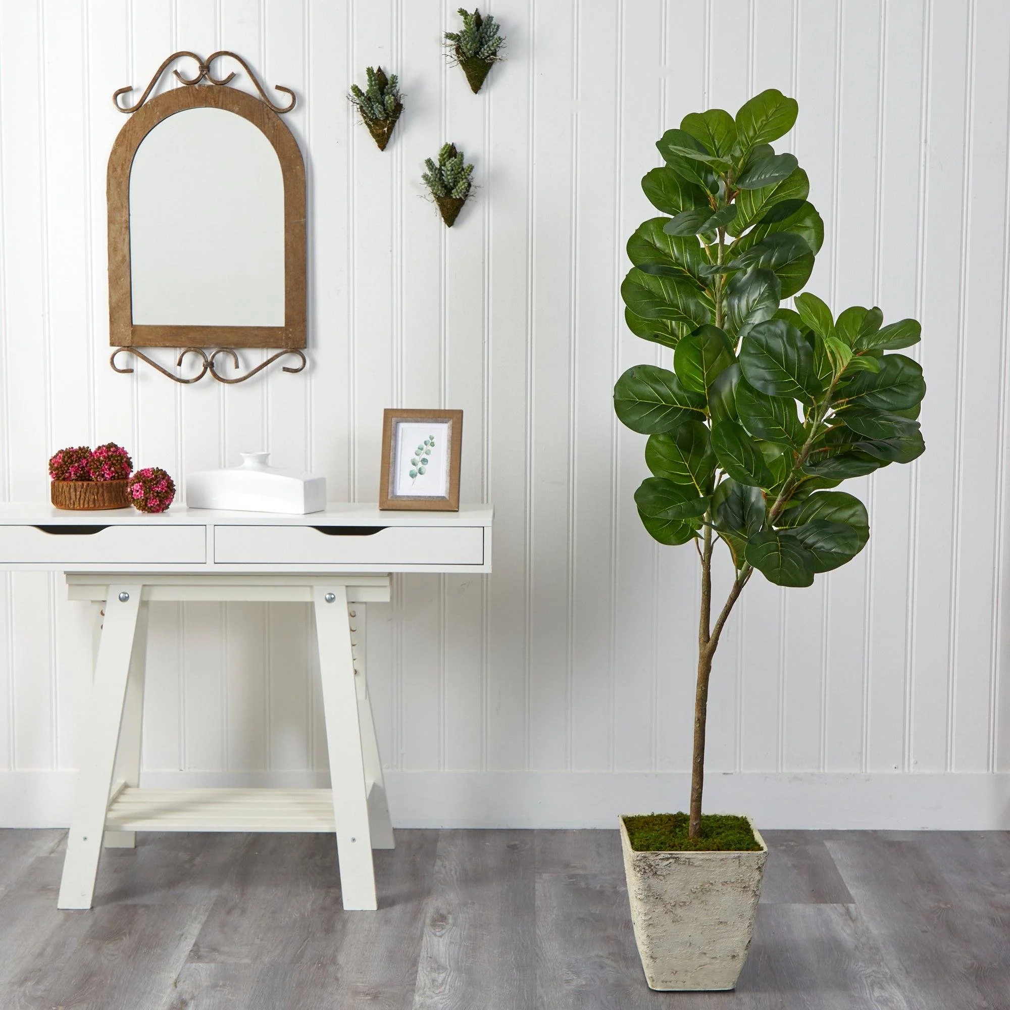 5.5’ Fiddle leaf Fig Artificial Tree in Country White Planter - Image 3