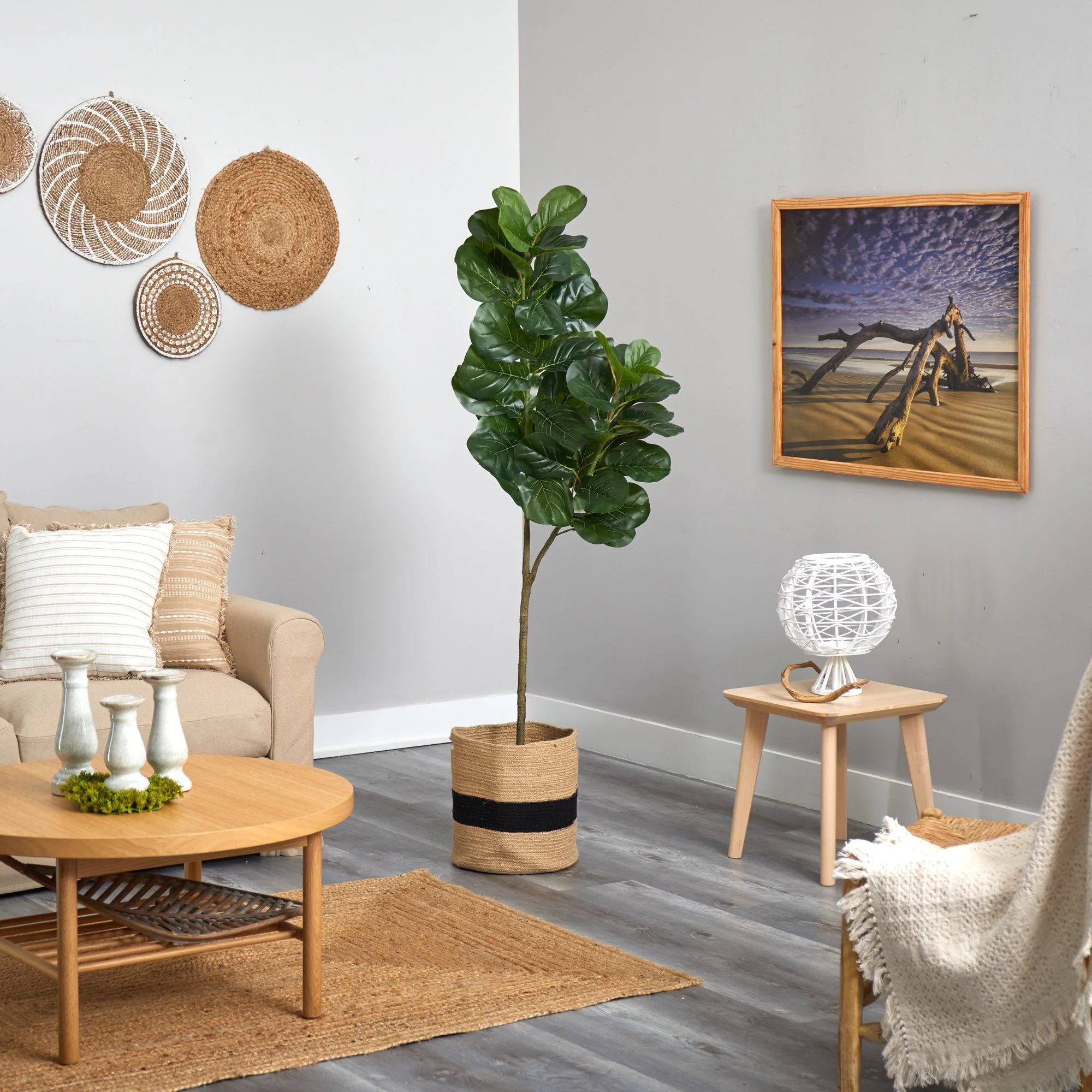 5.5’ Fiddle Leaf Fig Artificial Tree in Handmade Natural Cotton Planter - Image 4