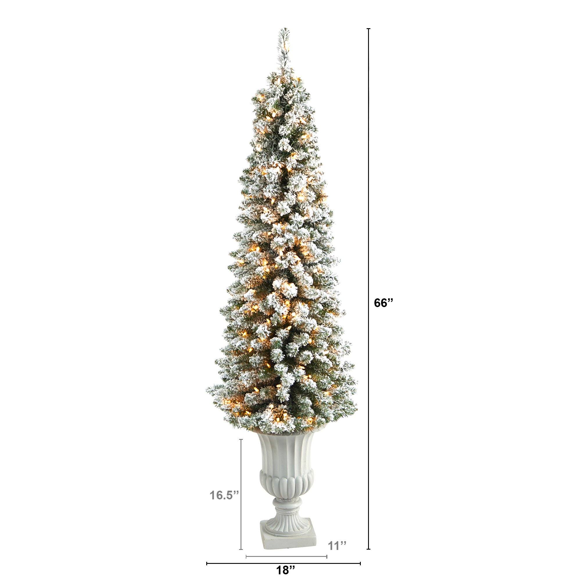 5.5’ Flocked Pencil Artificial Christmas Tree with 200 Clear Lights and 318 Bendable Branches in Decorative Urn - Image 2