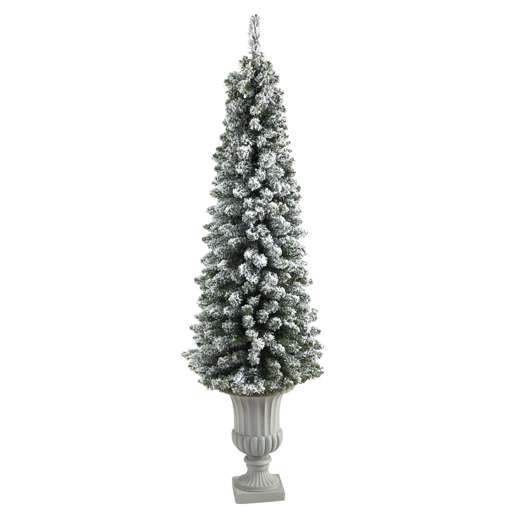 5.5’ Flocked Pencil Artificial Christmas Tree with 200 Clear Lights and 318 Bendable Branches in Decorative Urn - Image 3