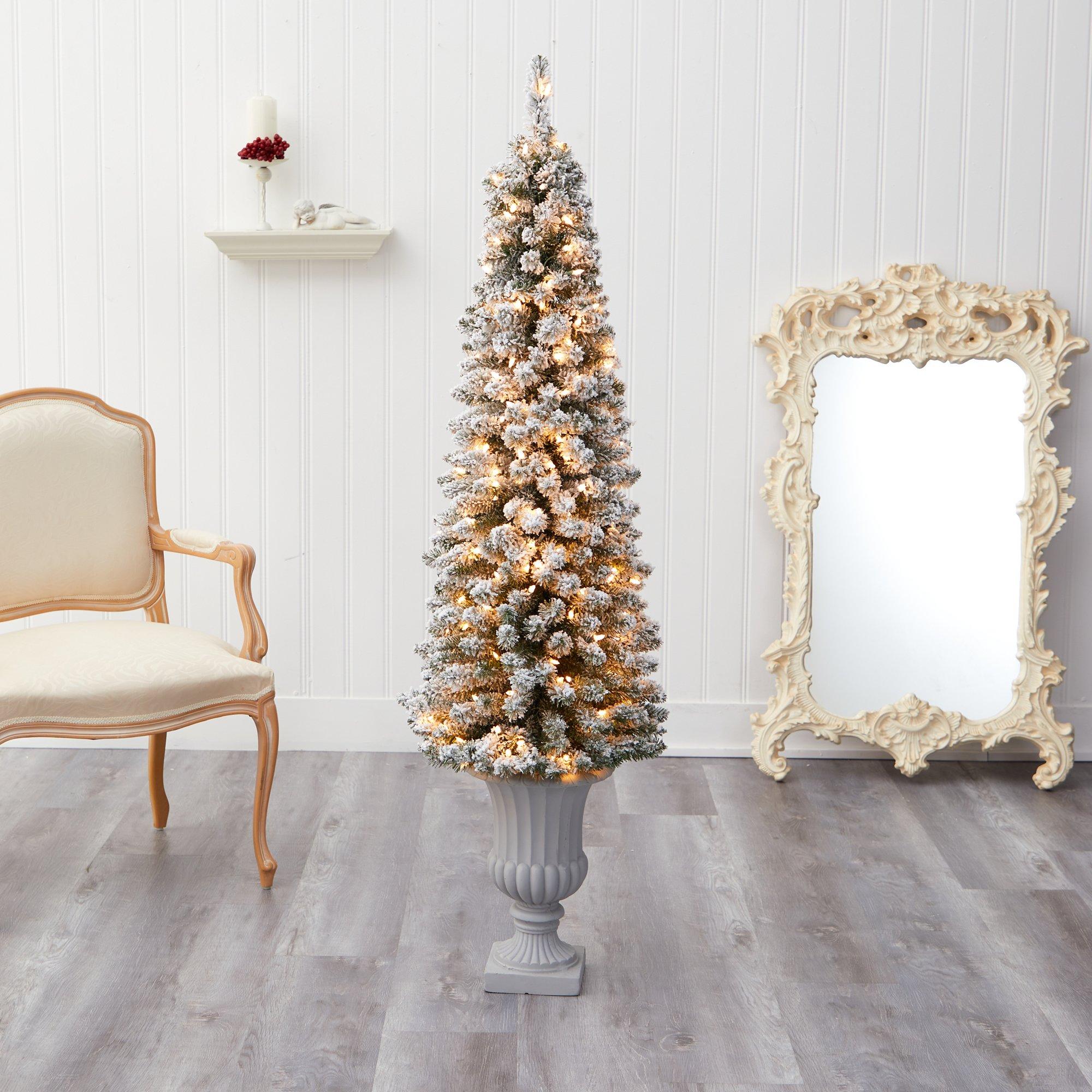 5.5’ Flocked Pencil Artificial Christmas Tree with 200 Clear Lights and 318 Bendable Branches in Decorative Urn - Image 7