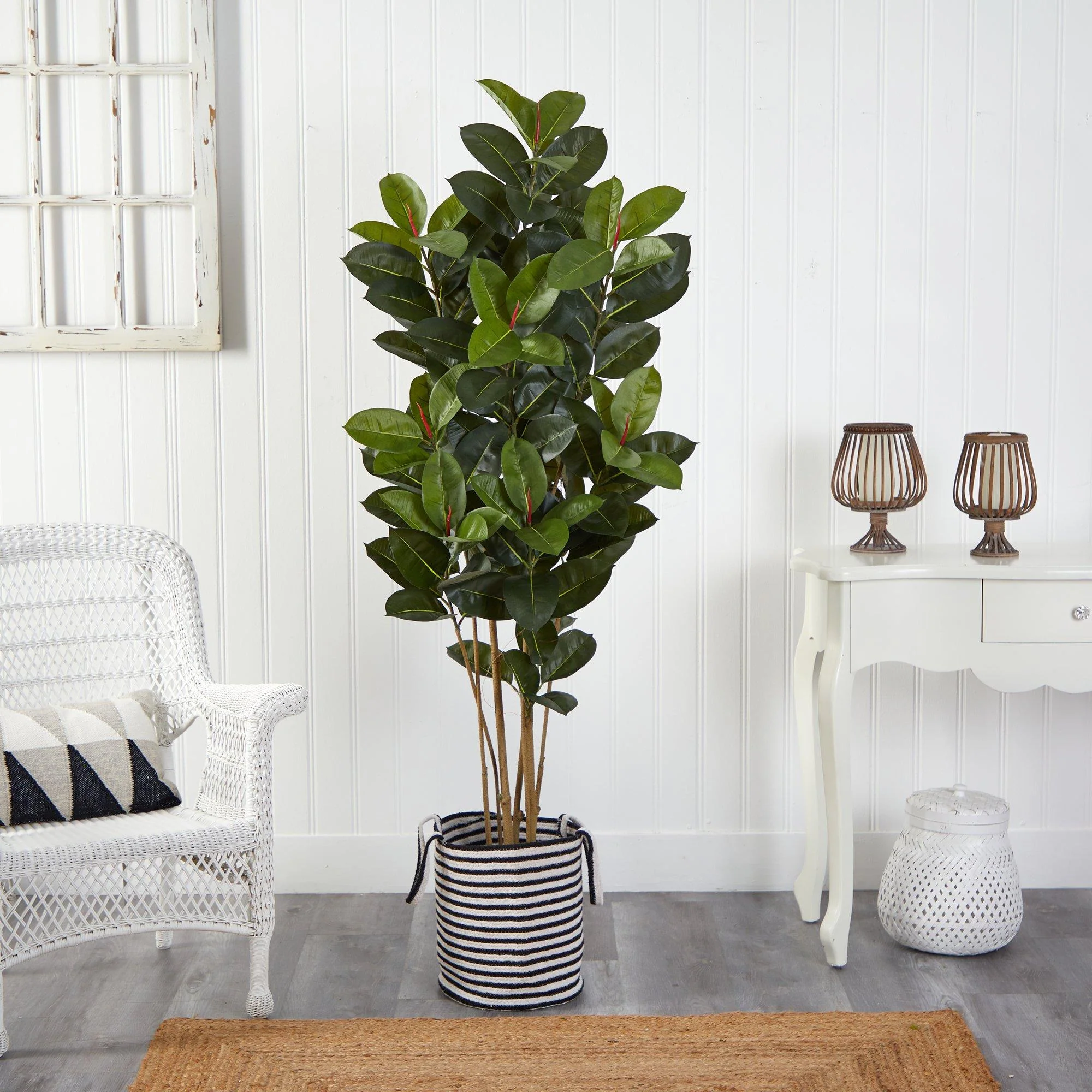 5.5’ Oak Tree in Handmade Black and White Natural Jute and Cotton Planter UV Resistant - Image 3