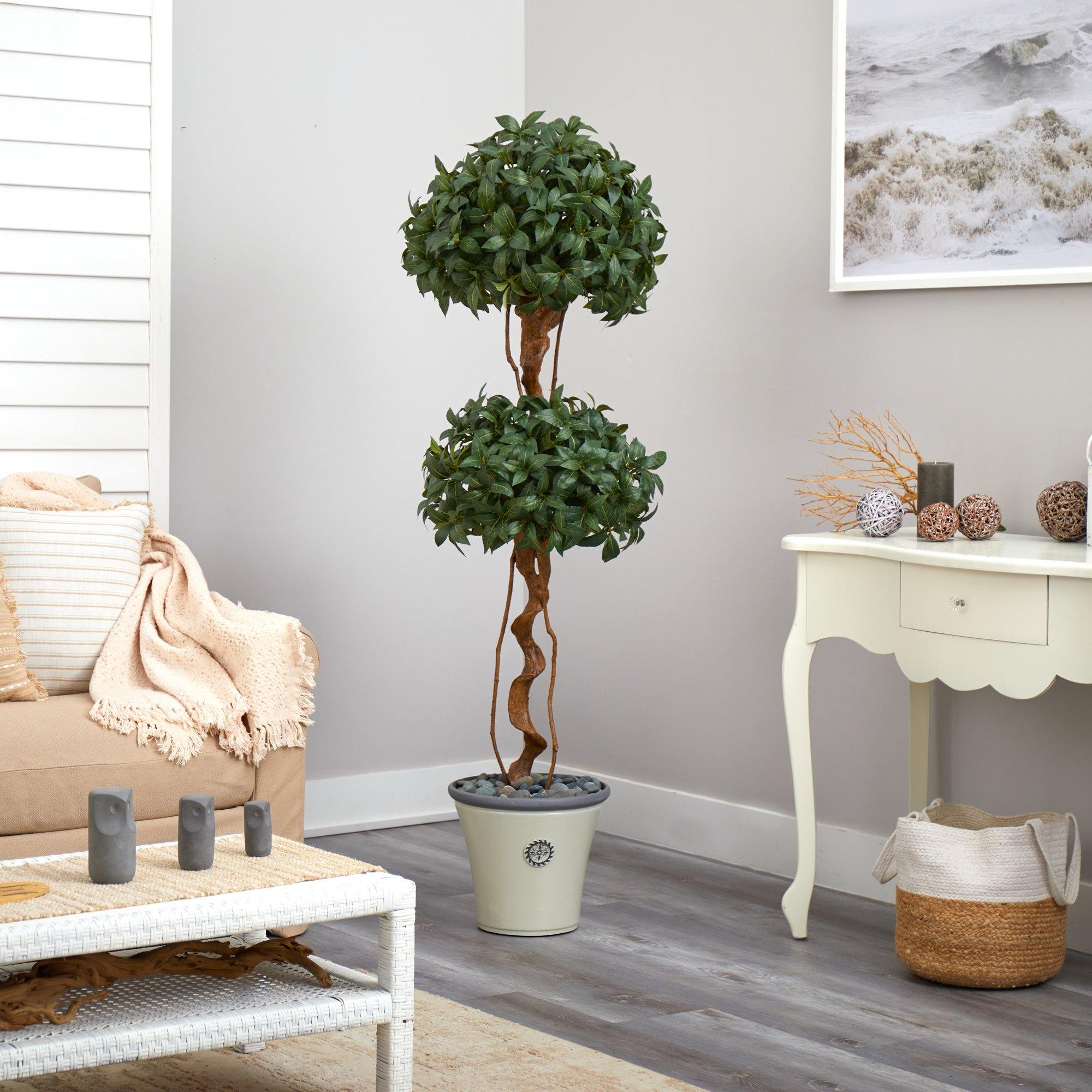 5.5’ Sweet Bay Double Ball Topiary Artificial Tree in Decorative Planter - Image 4