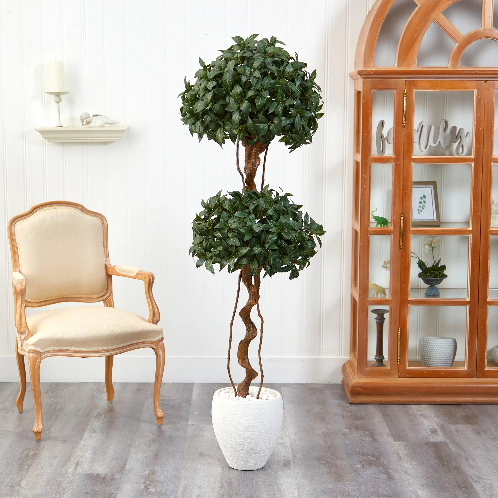 5.5’ Sweet Bay Double Ball Topiary Artificial Tree in White Planter - Image 3