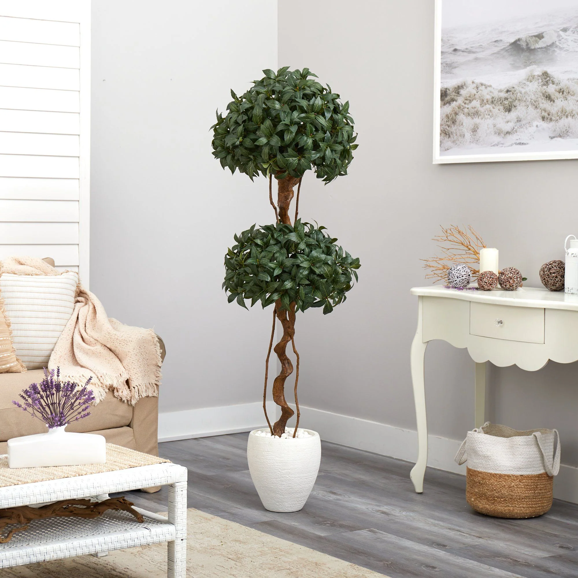 5.5’ Sweet Bay Double Ball Topiary Artificial Tree in White Planter - Image 4