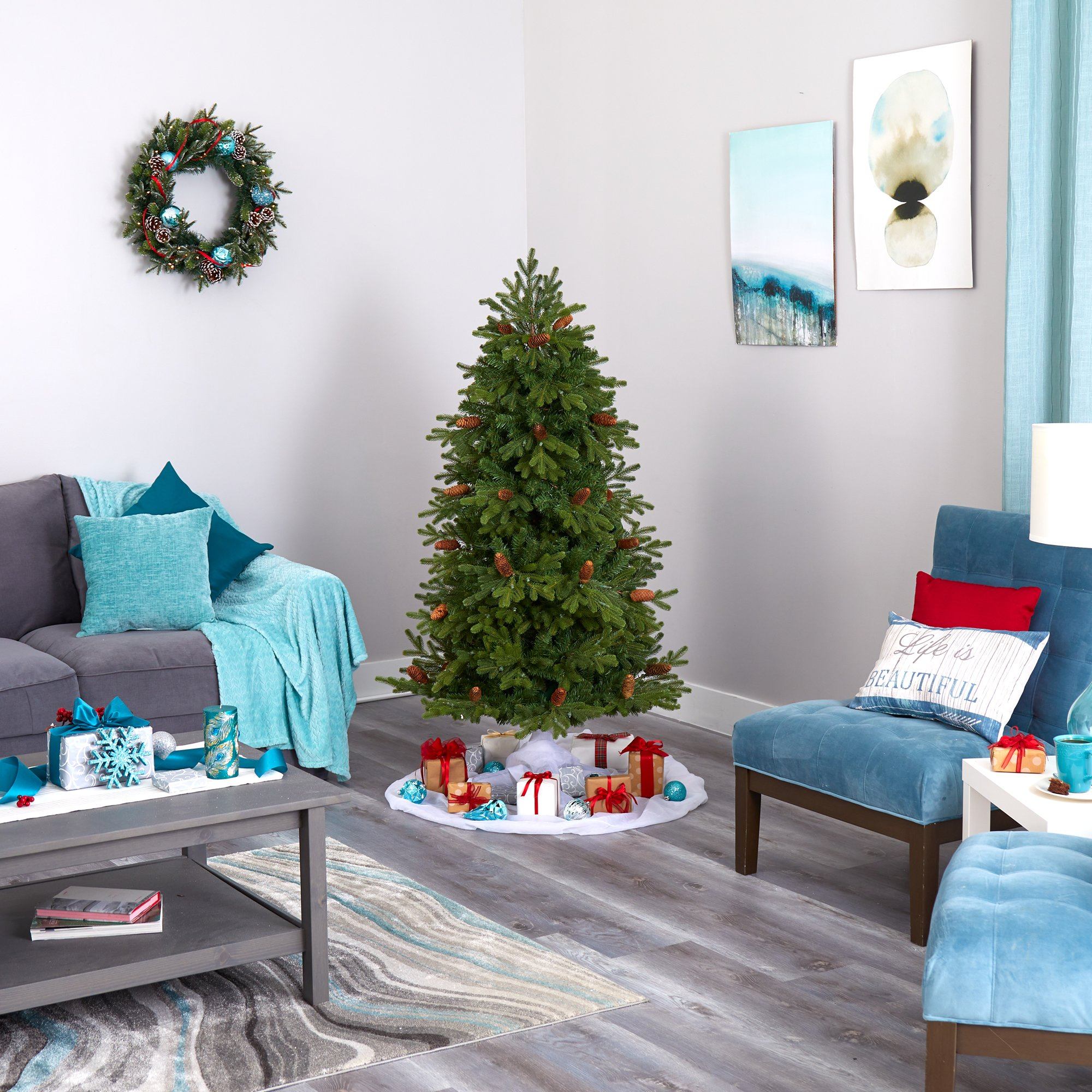5.5’ Yukon Mountain Fir Artificial Christmas Tree with 250 Clear Lights, Pine Cones and 800 Bendable Branches - Image 7