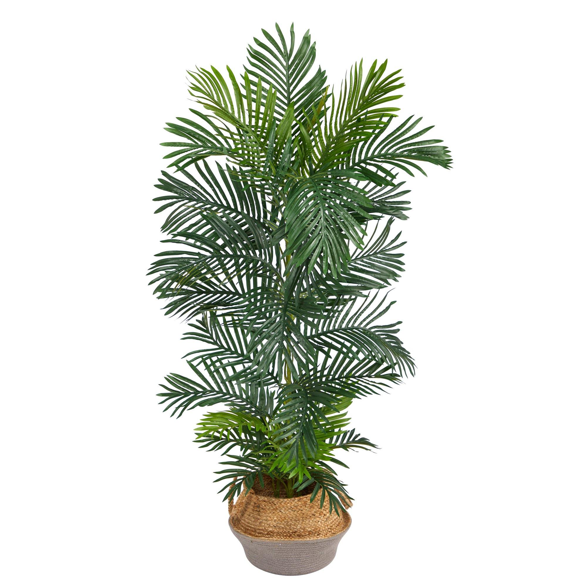 5’ Areca Palm Tree in Boho Chic Handmade Cotton & Jute Gray Woven Planter UV Resistant - Image 2