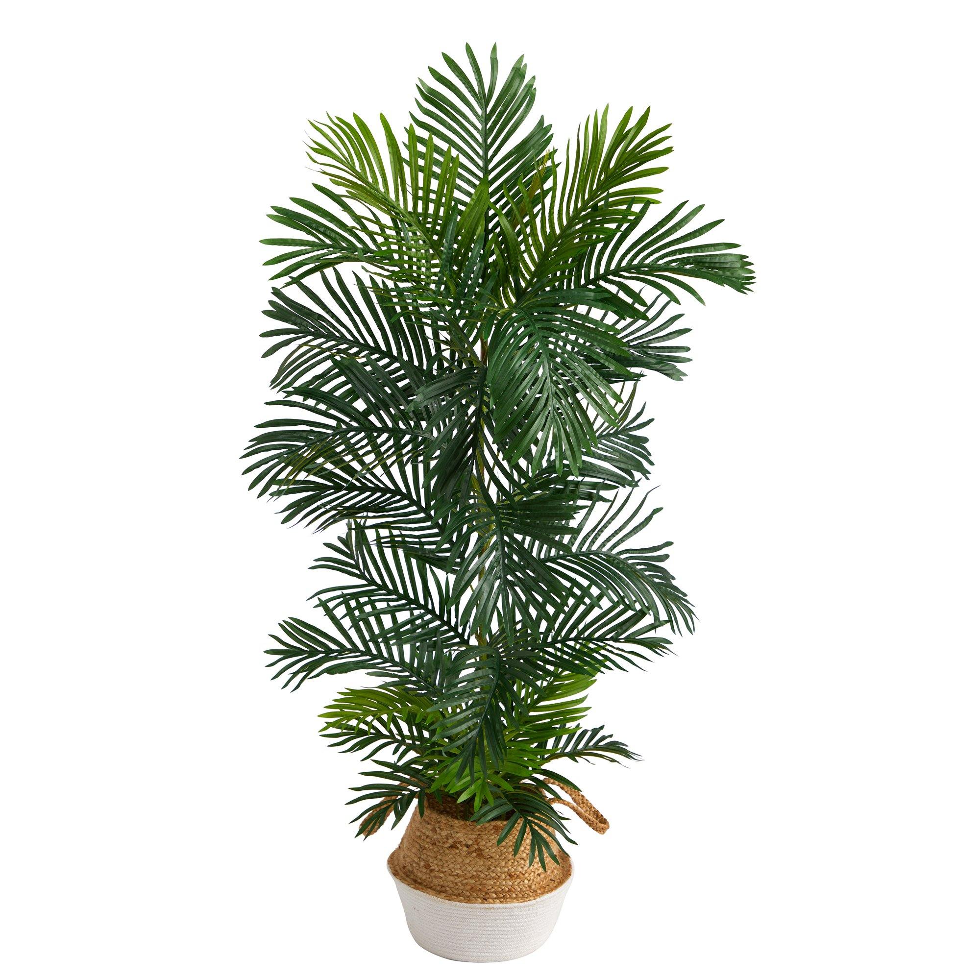5’ Areca Palm Tree in Boho Chic Handmade Cotton & Jute White Woven Planter UV Resistant - Image 2
