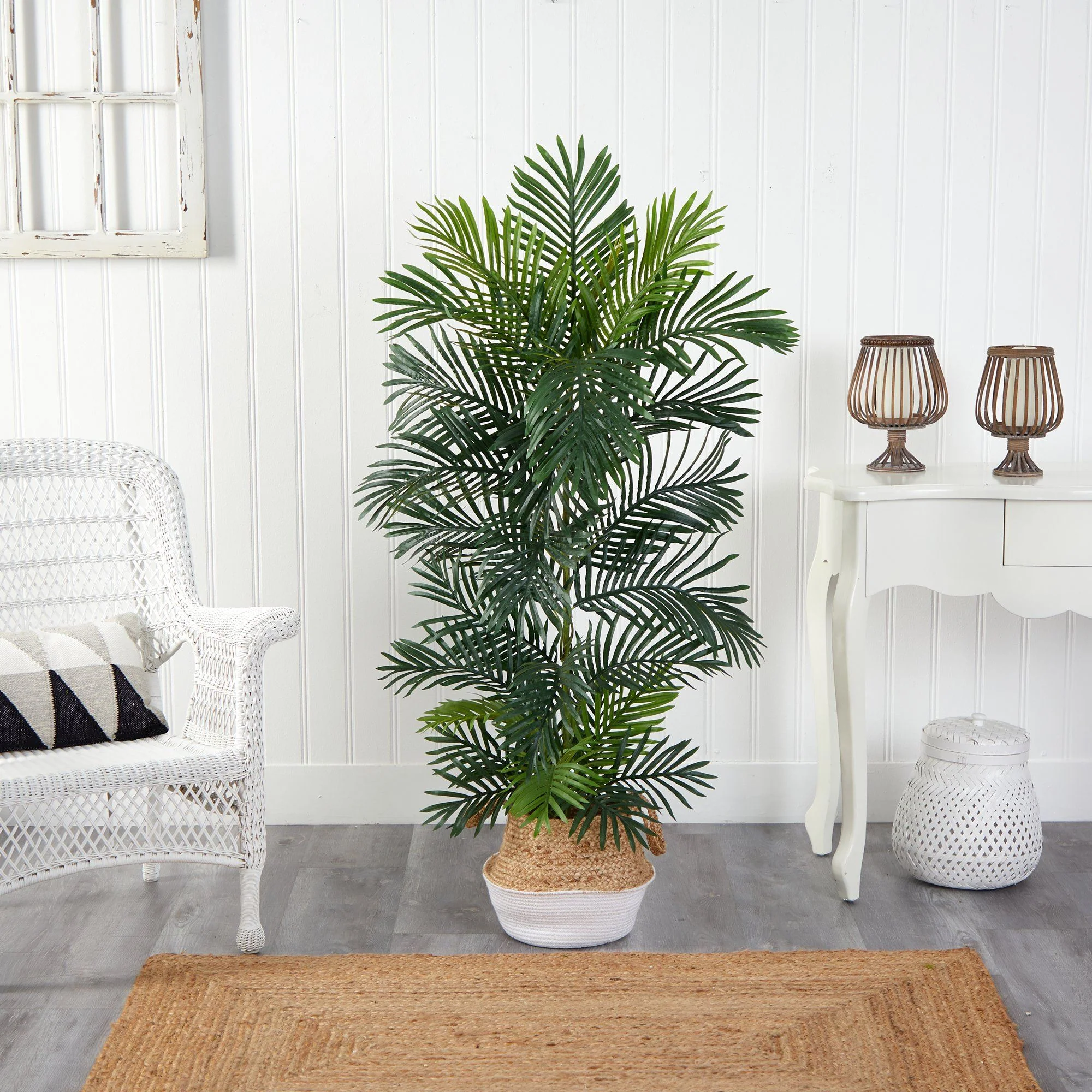5’ Areca Palm Tree in Boho Chic Handmade Cotton & Jute White Woven Planter UV Resistant - Image 3