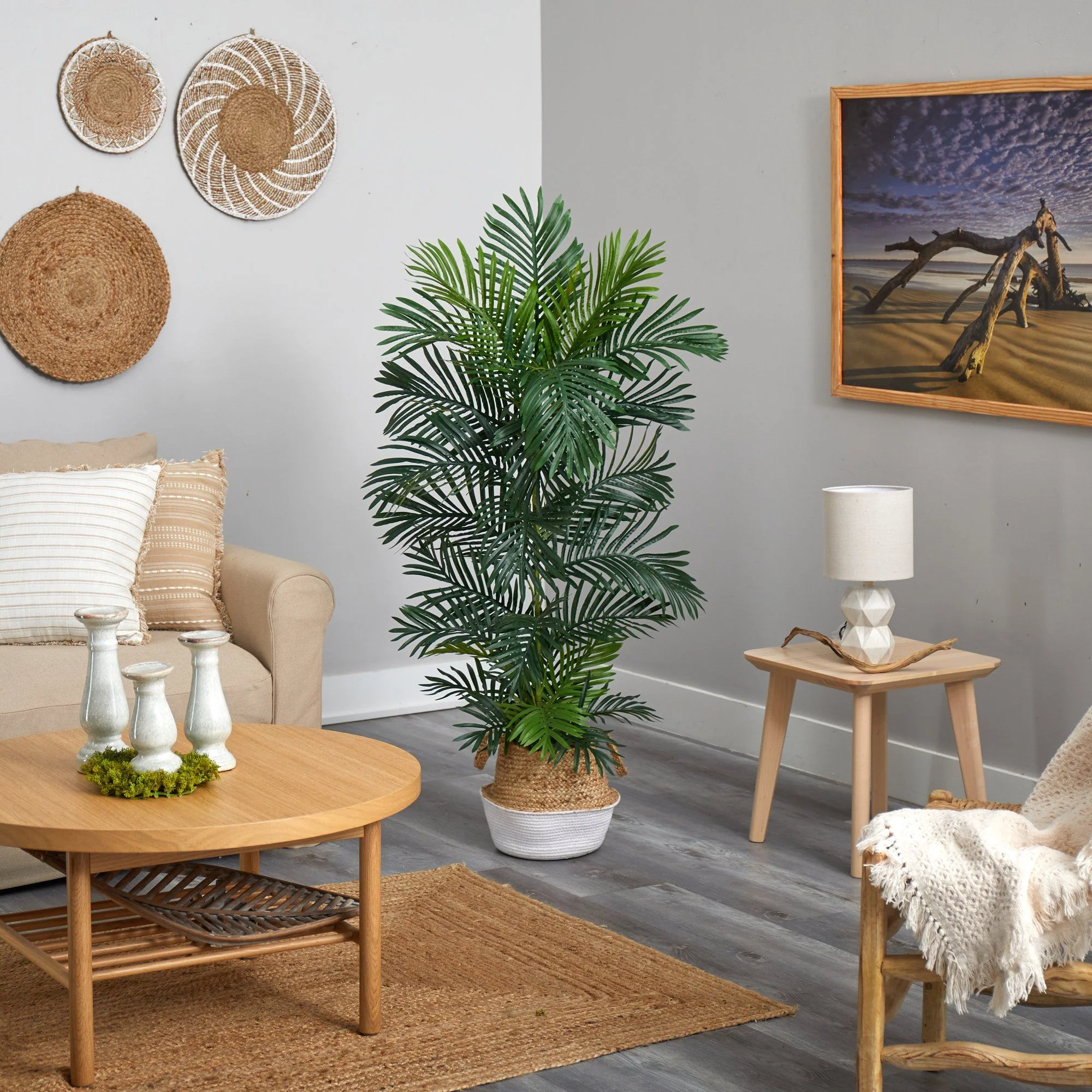 5’ Areca Palm Tree in Boho Chic Handmade Cotton & Jute White Woven Planter UV Resistant - Image 4