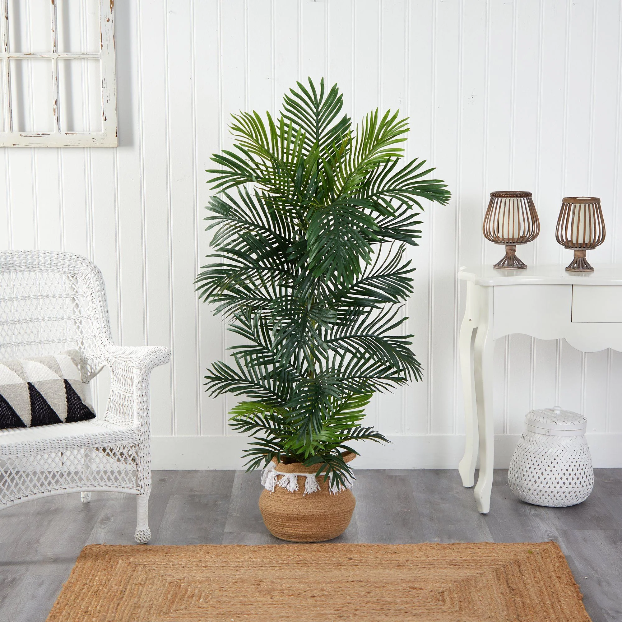 5’ Areca Palm Tree in Boho Chic Handmade Natural Cotton Woven Planter with Tassels UV Resistant - Image 3
