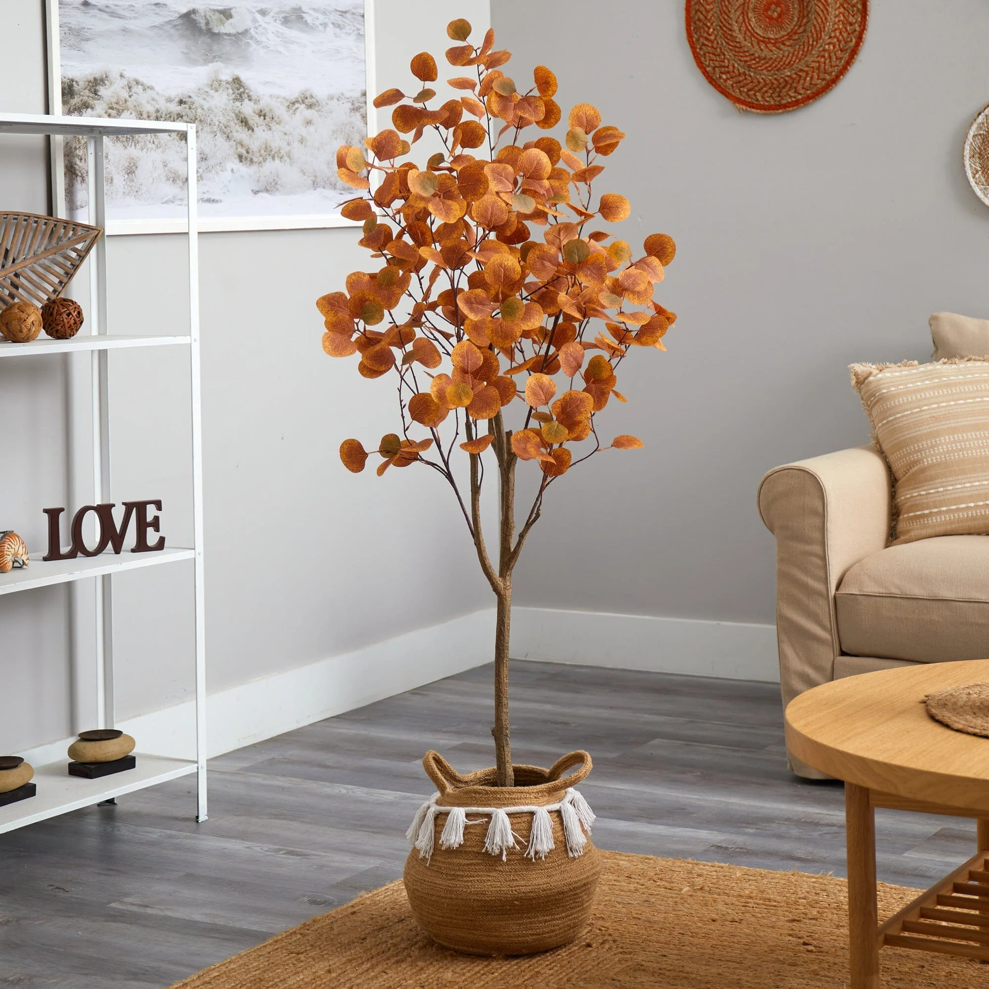 5’ Artificial Autumn Eucalyptus Tree with Handmade Jute & Cotton Basket with Tassels - Image 2