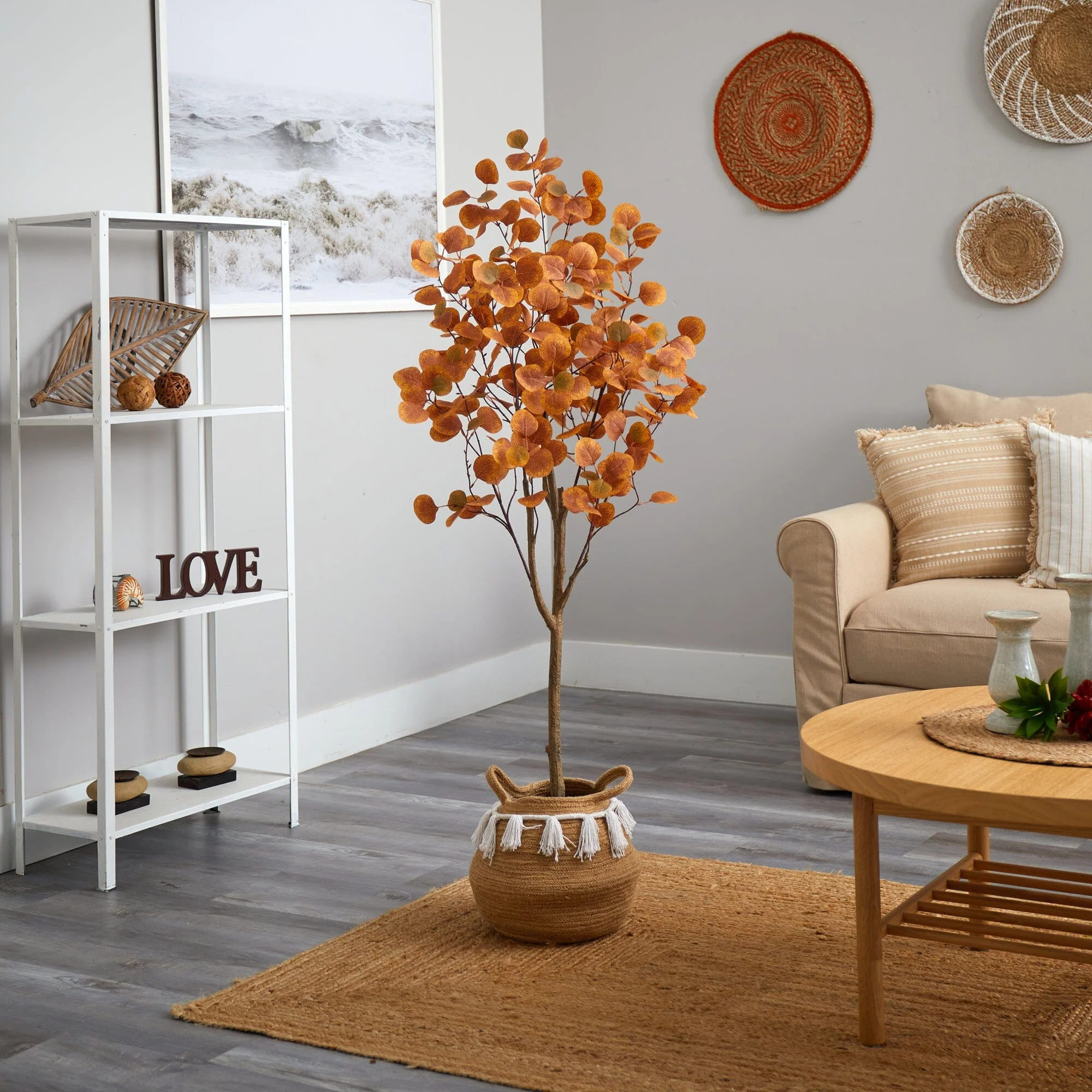 5’ Artificial Autumn Eucalyptus Tree with Handmade Jute & Cotton Basket with Tassels - Image 3