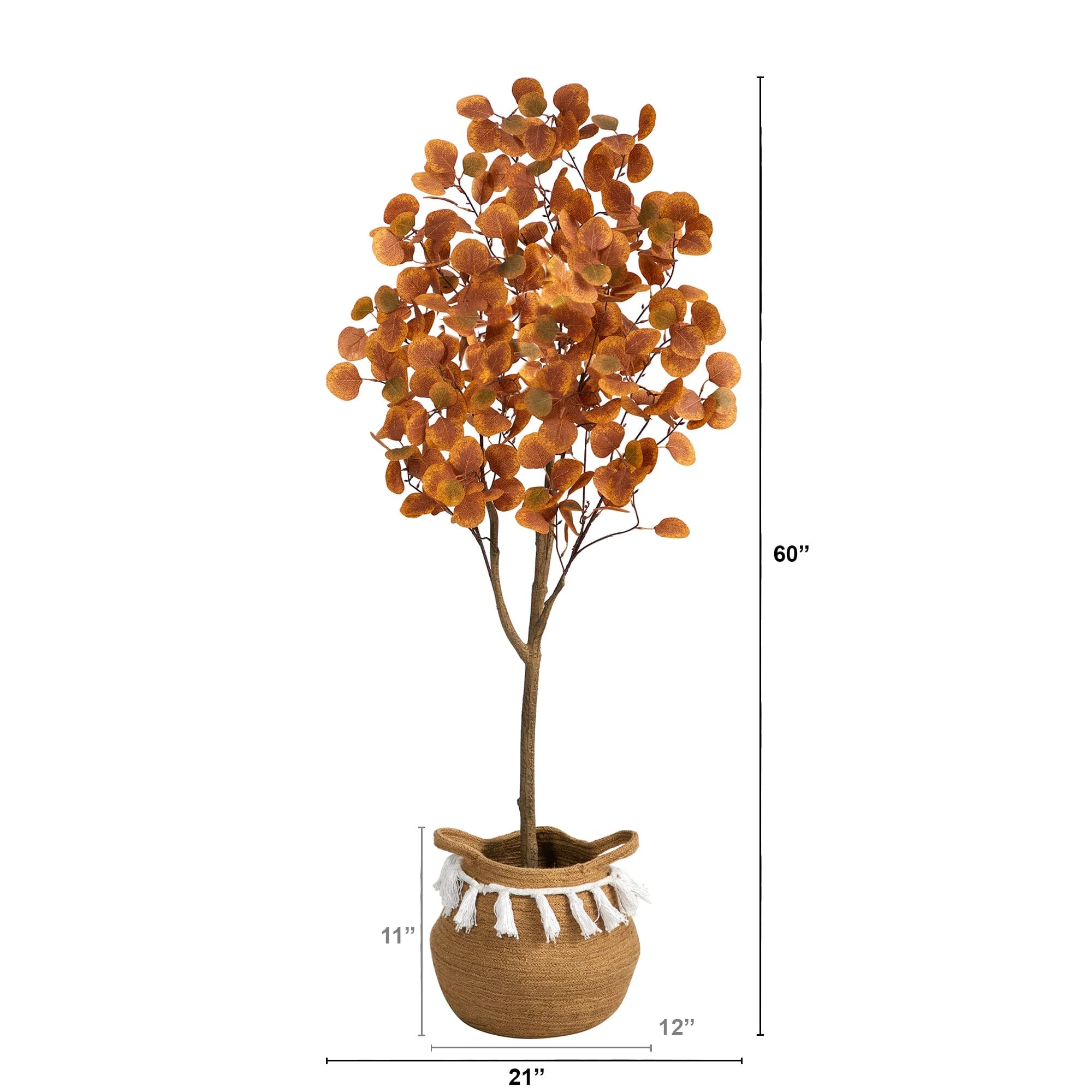 5’ Artificial Autumn Eucalyptus Tree with Handmade Jute & Cotton Basket with Tassels - Image 4
