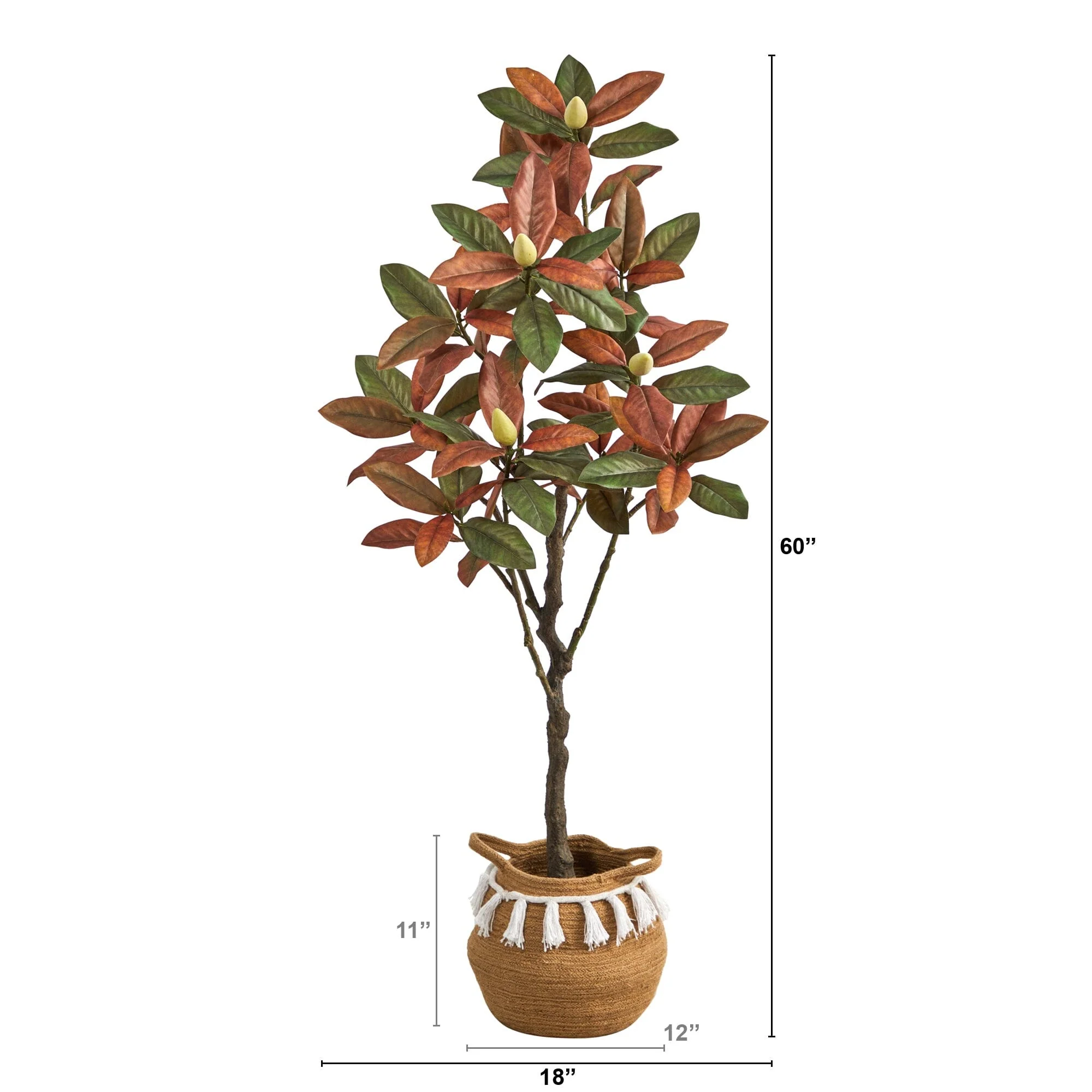 5’ Artificial Fall Magnolia Tree with  Handmade Jute & Cotton Basket with Tassels - Image 3