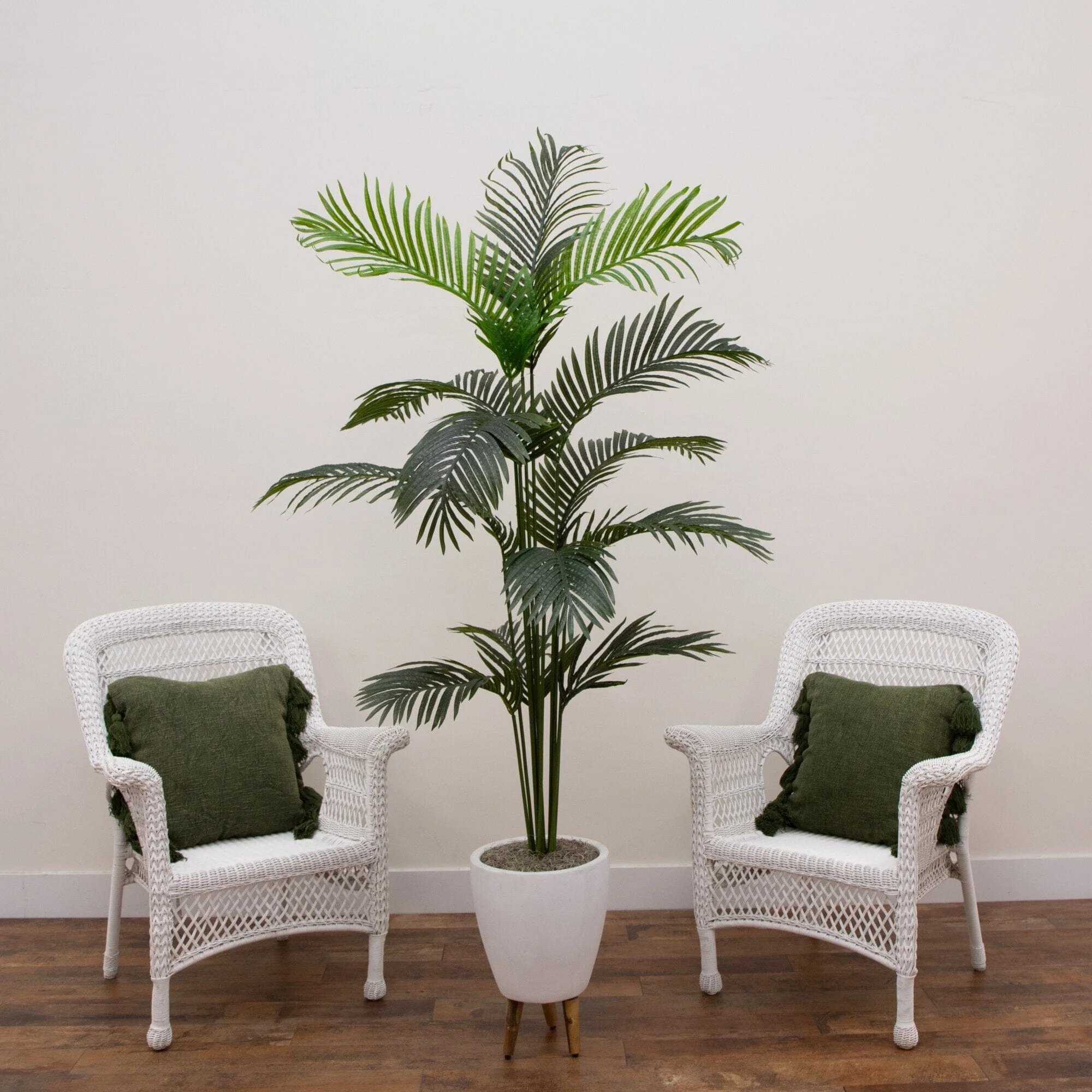 5' Artificial Paradise Palm Tree in White Ceramic Tripod Planter - Image 2
