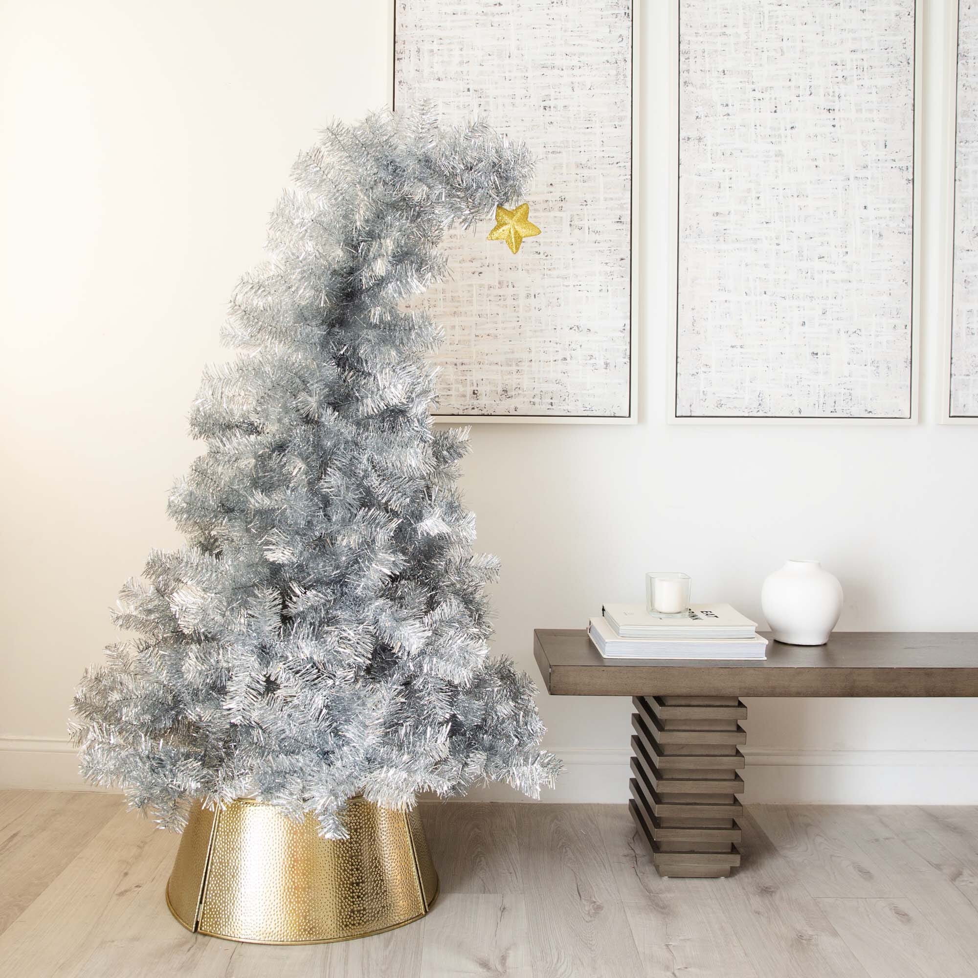 5’ Artificial Silver Tinsel Holiday Santa's Hat Christmas Tree with Star Topper - Image 3