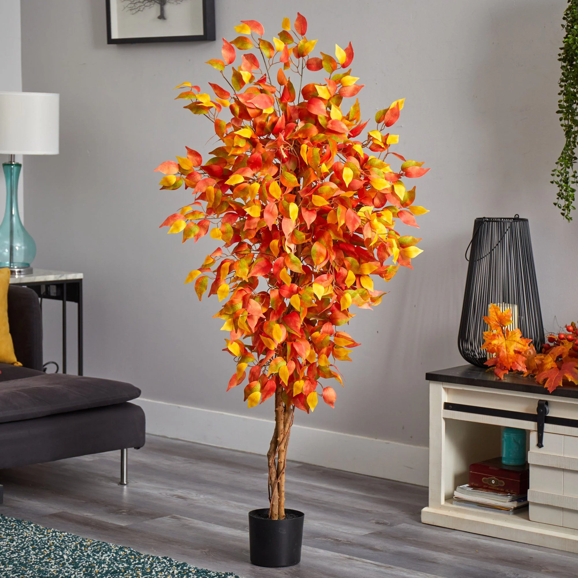 5’ Autumn Ficus Artificial Fall Tree - Image 4