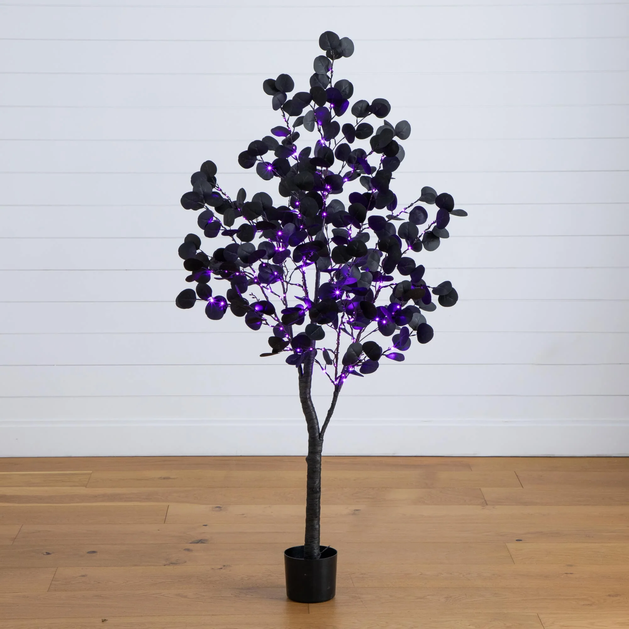 5' Pre-Lit Artificial Halloween Black Eucalyptus Tree with 220 Orange & Purple LED Lights - Image 3
