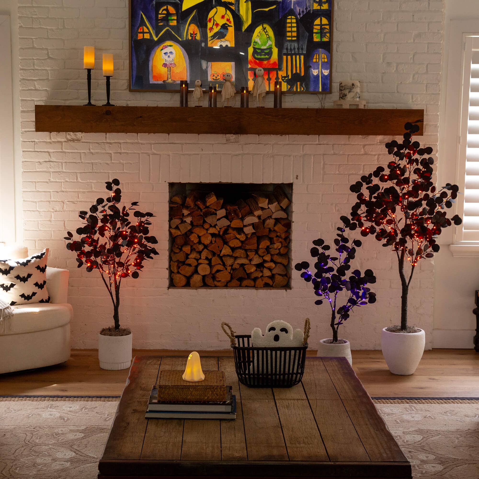5' Pre-Lit Artificial Halloween Black Eucalyptus Tree with 220 Orange & Purple LED Lights - Image 4