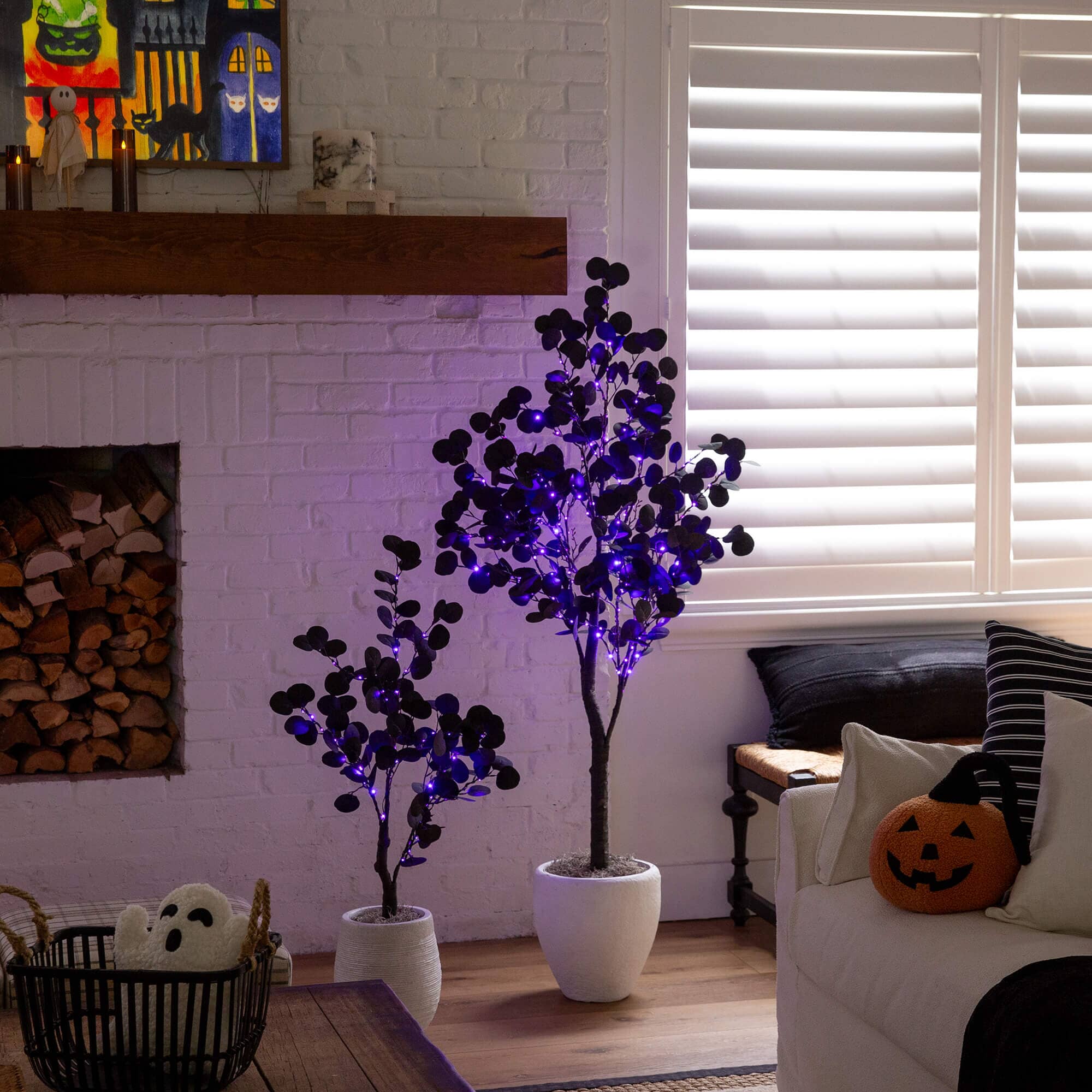 5' Pre-Lit Artificial Halloween Black Eucalyptus Tree with 220 Orange & Purple LED Lights - Image 5