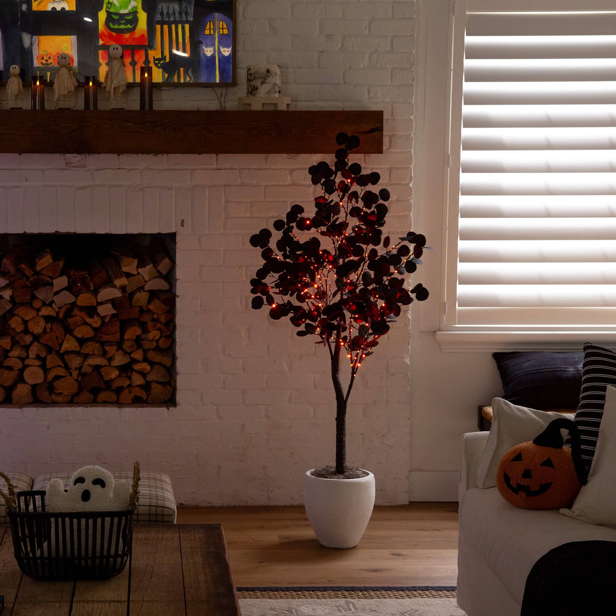 5' Pre-Lit Artificial Halloween Black Eucalyptus Tree with 220 Orange & Purple LED Lights - Image 7