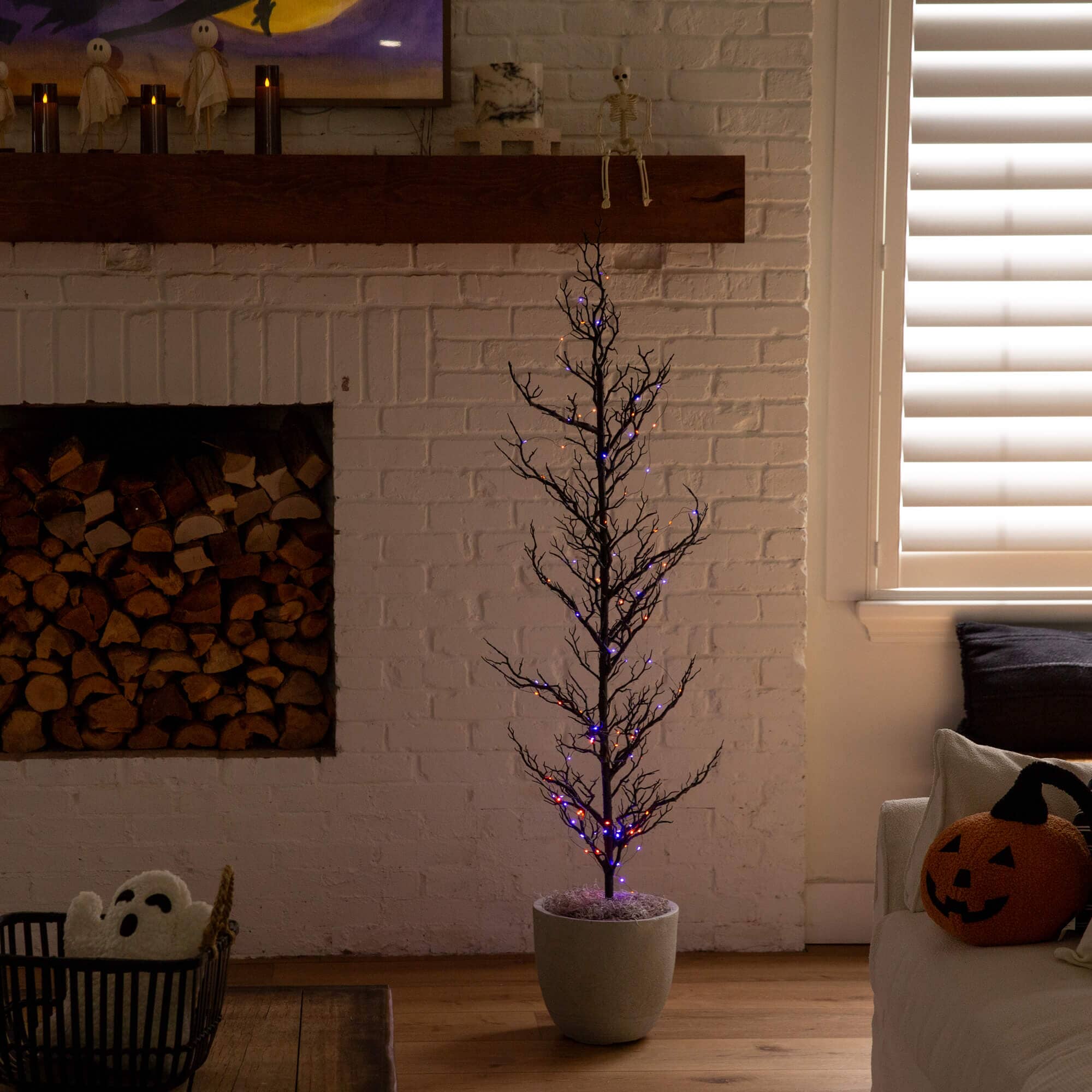 5' Pre-Lit Artificial Halloween Black Spooky Twig Tree with 200 Orange & Purple Copper Wire String LED Lights - Image 3
