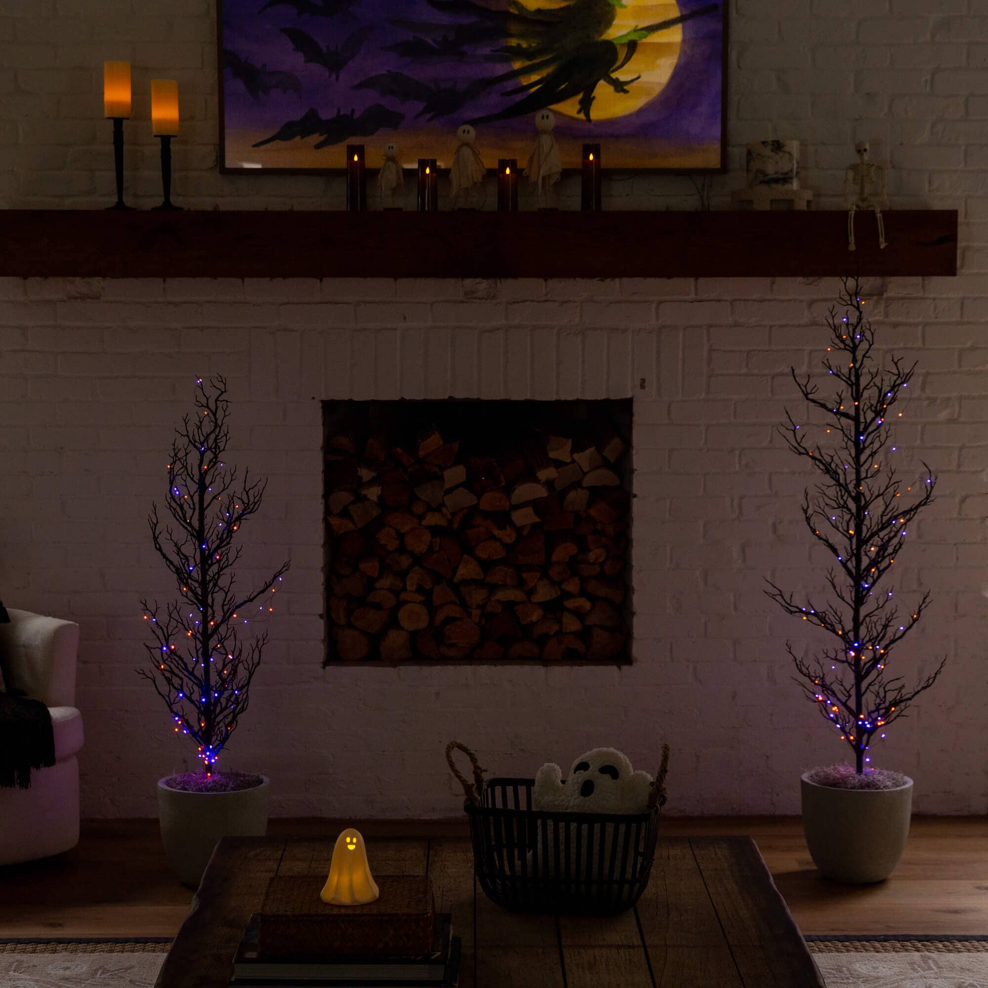 5' Pre-Lit Artificial Halloween Black Spooky Twig Tree with 200 Orange & Purple Copper Wire String LED Lights - Image 4