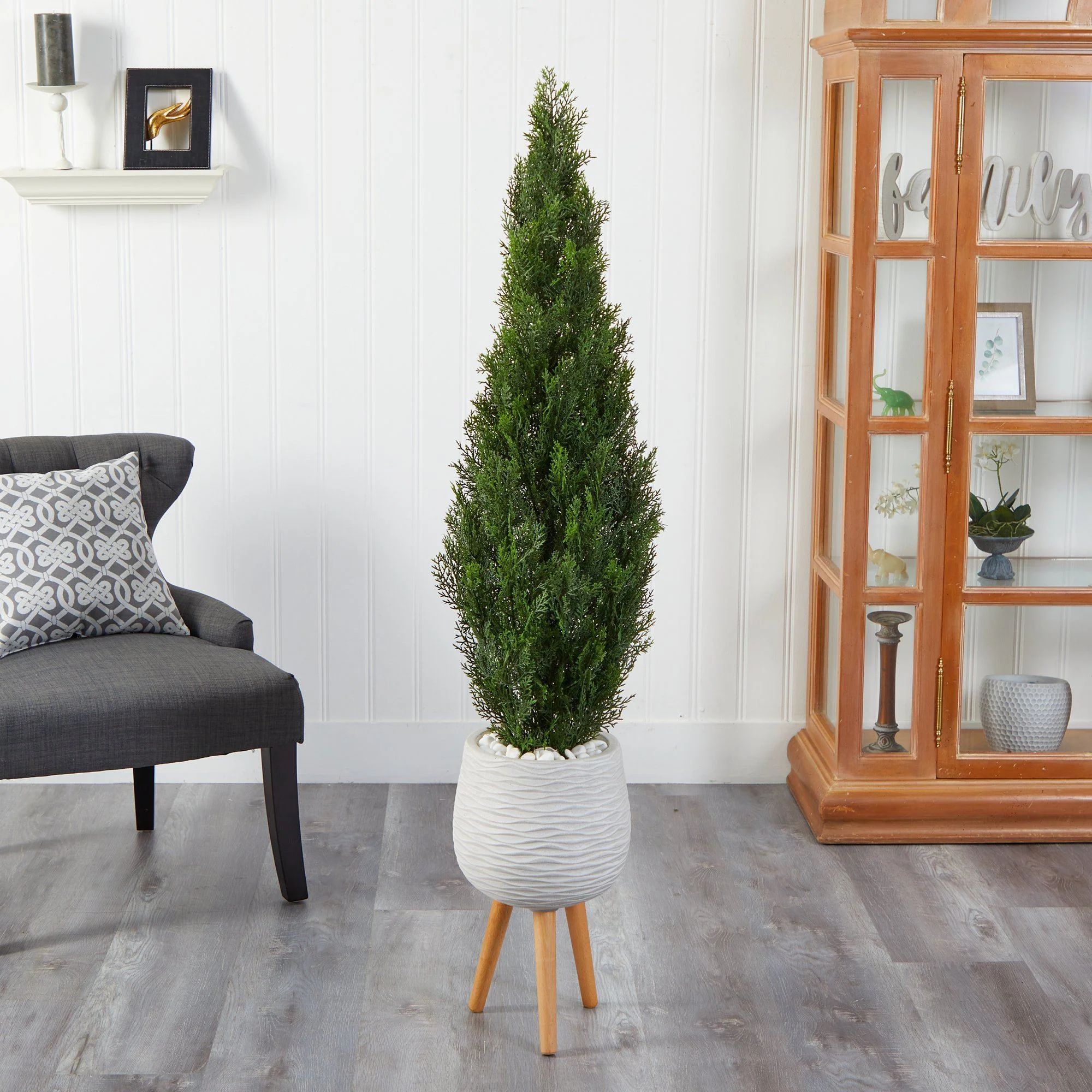 5' Cedar Artificial Tree in White Planter with Stand (Indoor/Outdoor) - Image 4