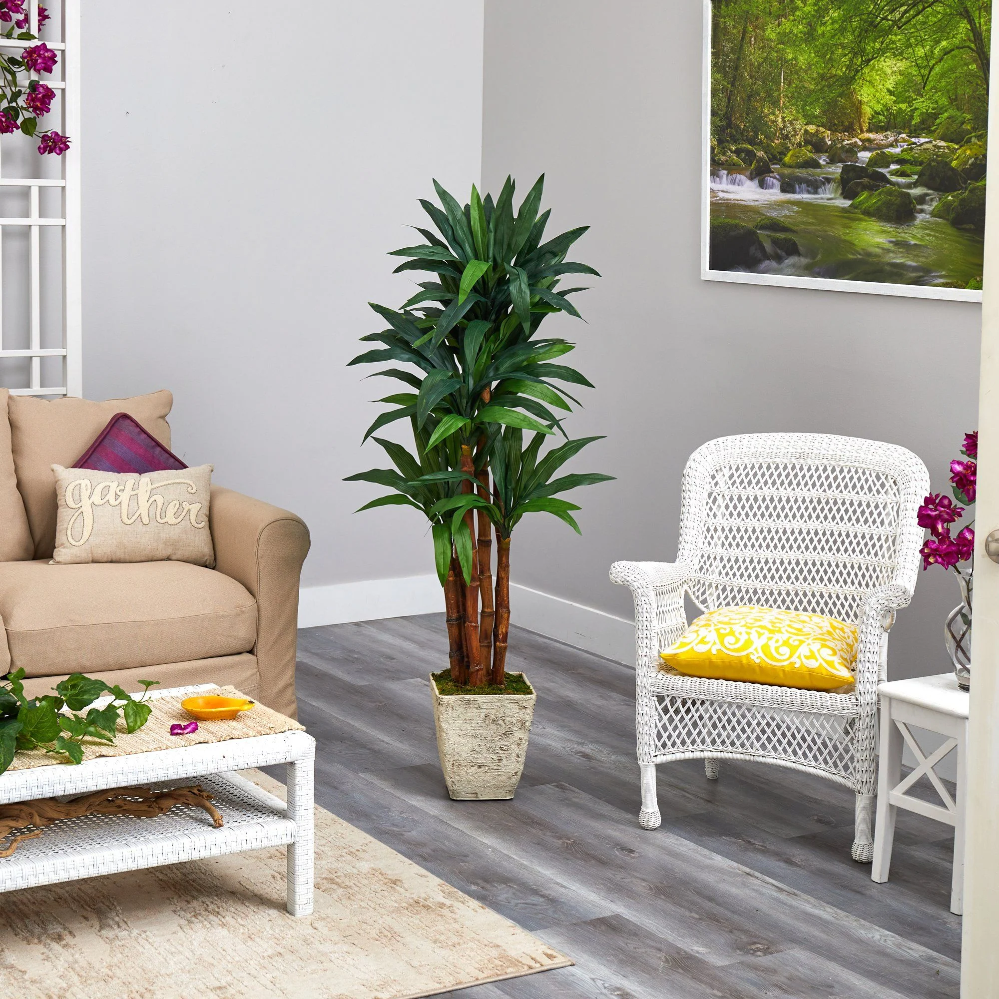 5’ Dracaena Artificial Tree in Country White Planter - Image 4