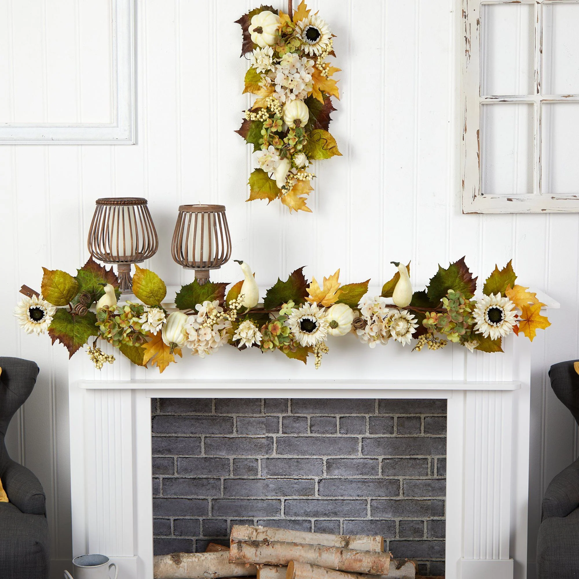 5’ Fall Sunflower, Hydrangea and White Pumpkin Artificial Autumn Garland - Image 3