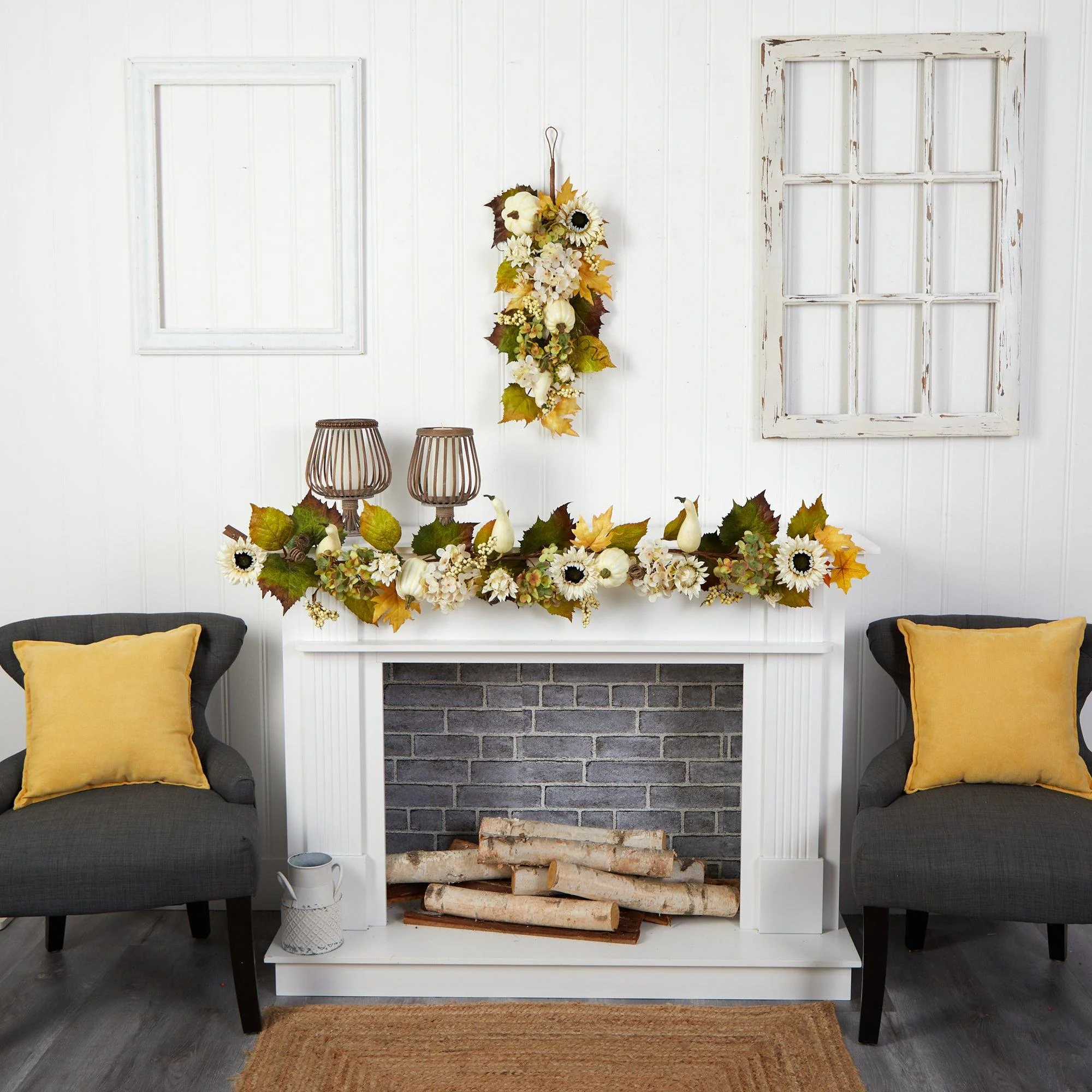 5’ Fall Sunflower, Hydrangea and White Pumpkin Artificial Autumn Garland - Image 4