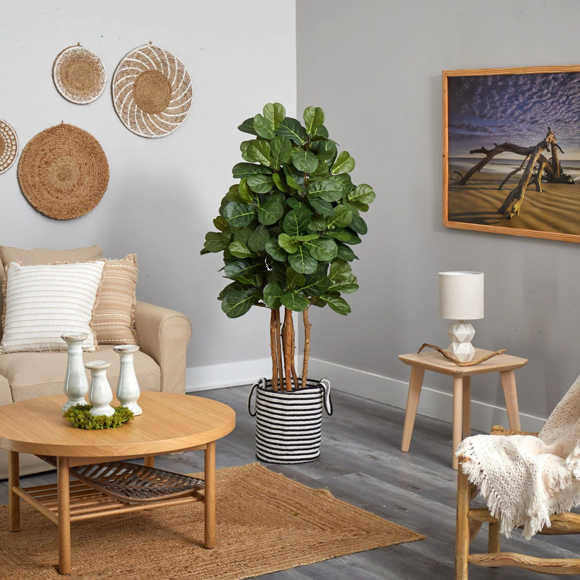 5’ Fiddle Leaf Fig Artificial Tree in Handmade Black and White Natural Jute and Cotton Planter - Image 4