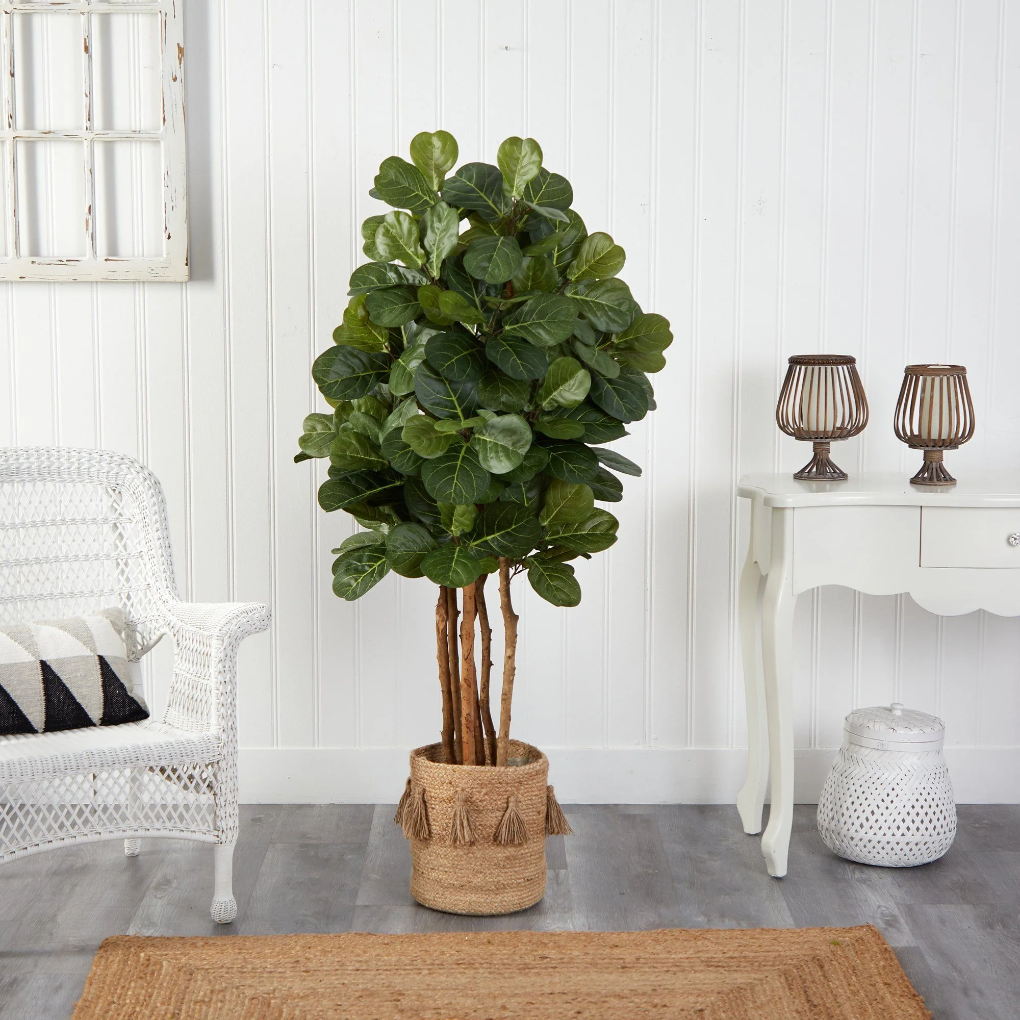5’ Fiddle Leaf Fig Artificial Tree in Handmade Natural Jute Planter with Tassels - Image 3