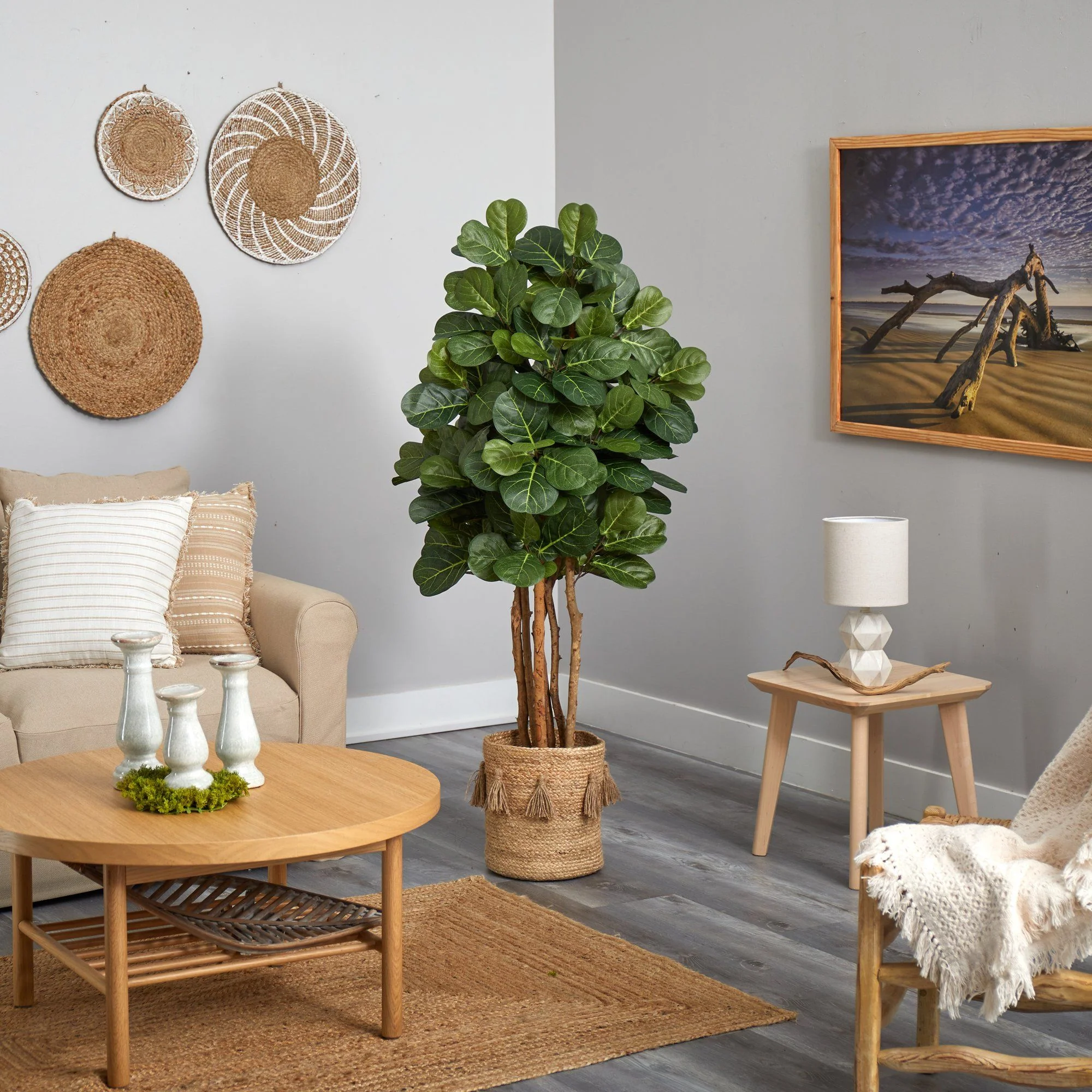 5’ Fiddle Leaf Fig Artificial Tree in Handmade Natural Jute Planter with Tassels - Image 4
