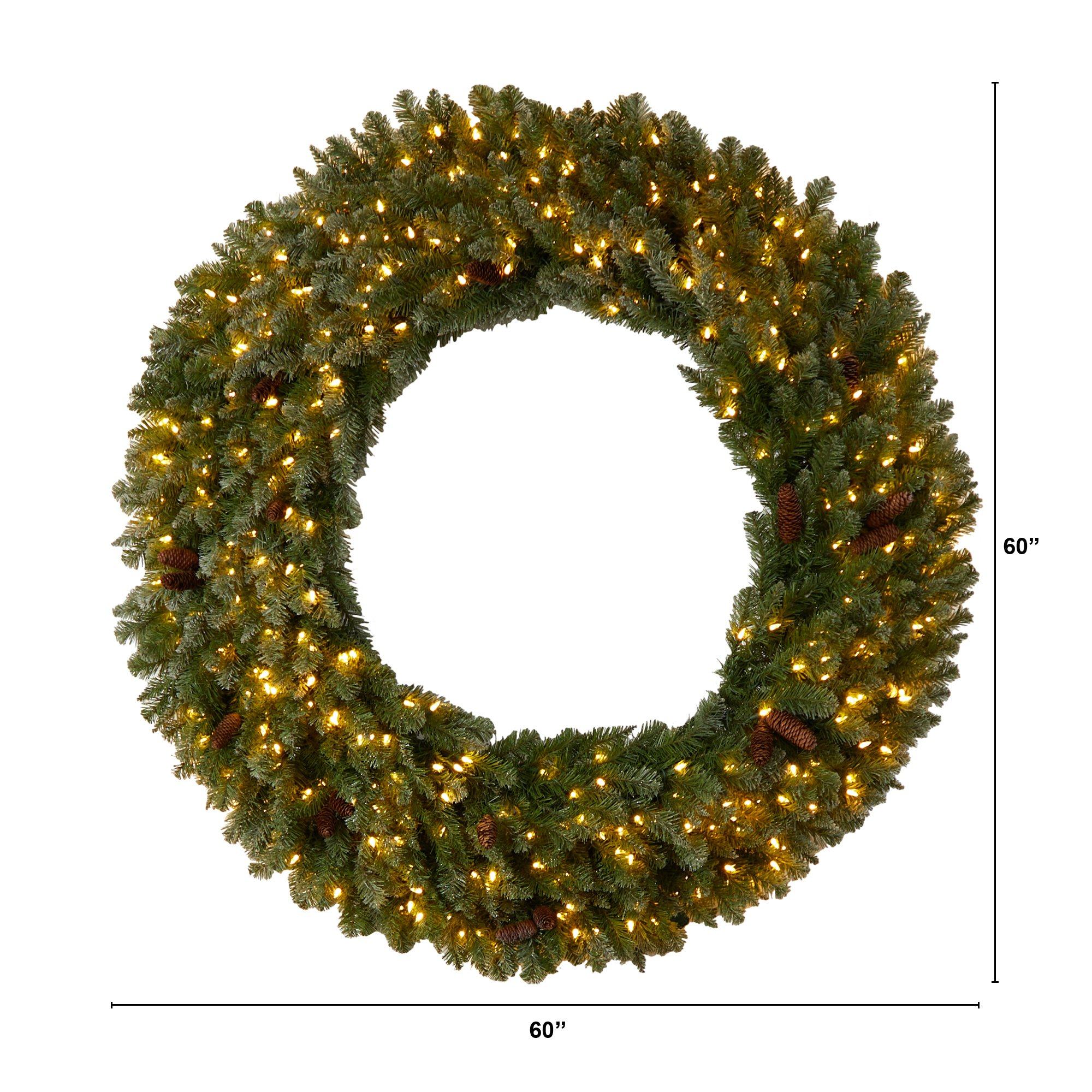 5’ Flocked Artificial Christmas Wreath with Pinecones, 300 Clear LED Lights and 680 Bendable Branches - Image 2