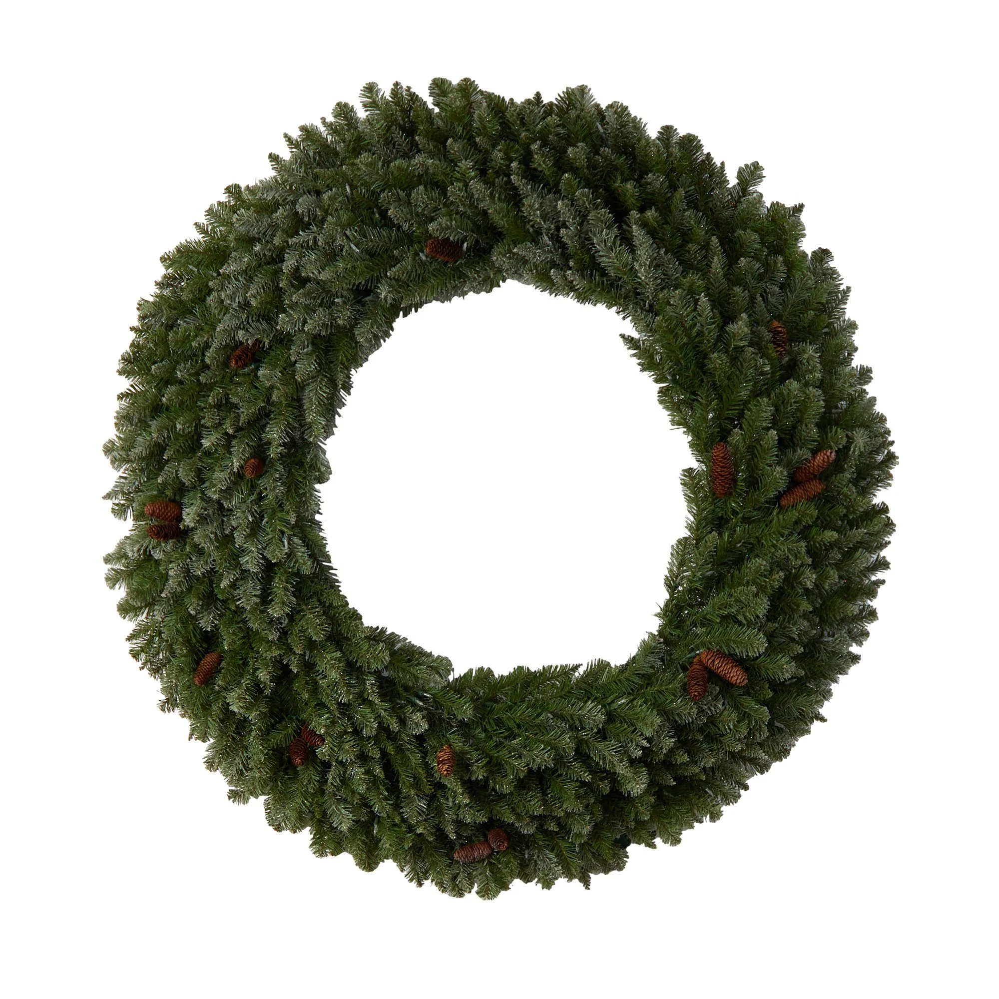 5’ Flocked Artificial Christmas Wreath with Pinecones, 300 Clear LED Lights and 680 Bendable Branches - Image 3