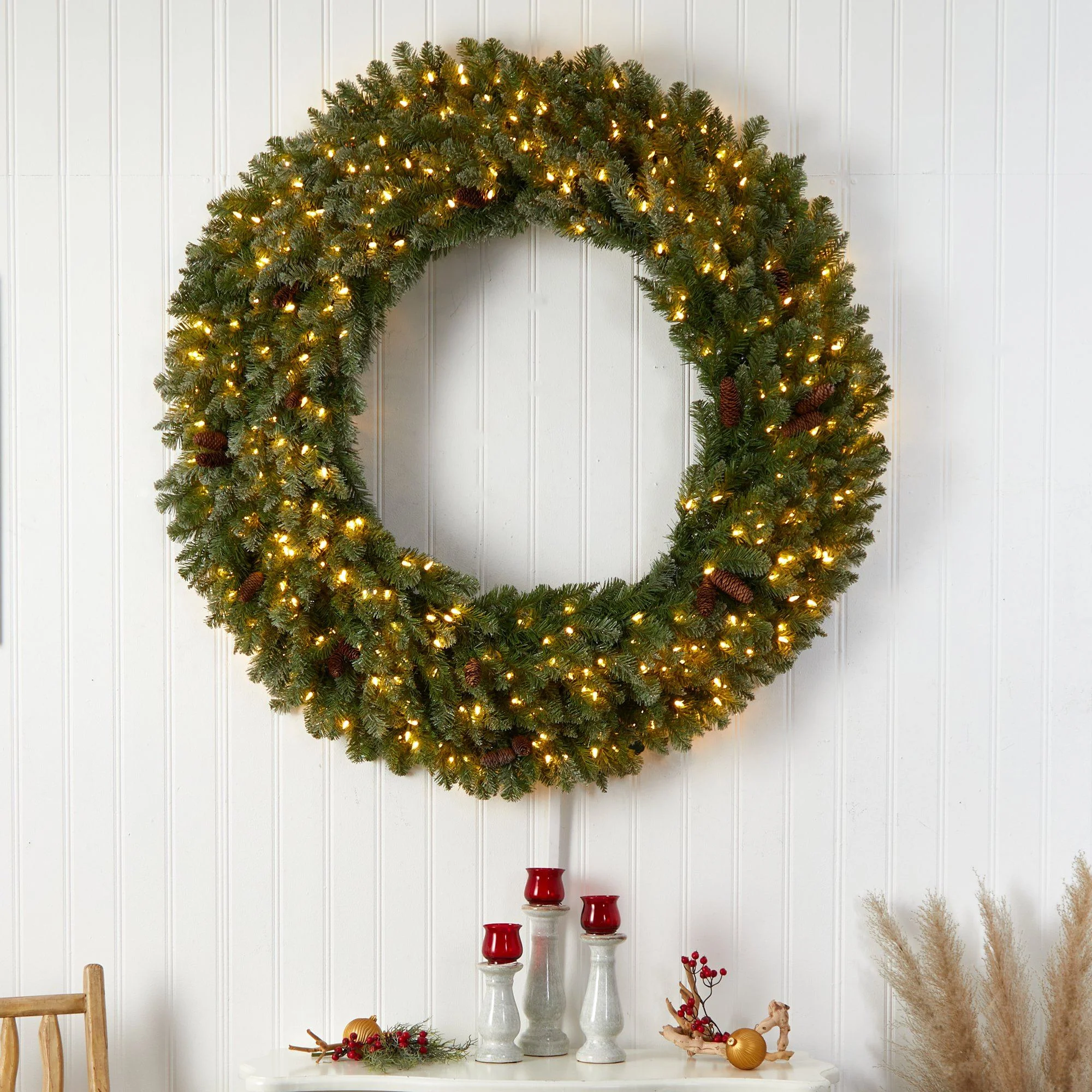 5’ Flocked Artificial Christmas Wreath with Pinecones, 300 Clear LED Lights and 680 Bendable Branches - Image 4