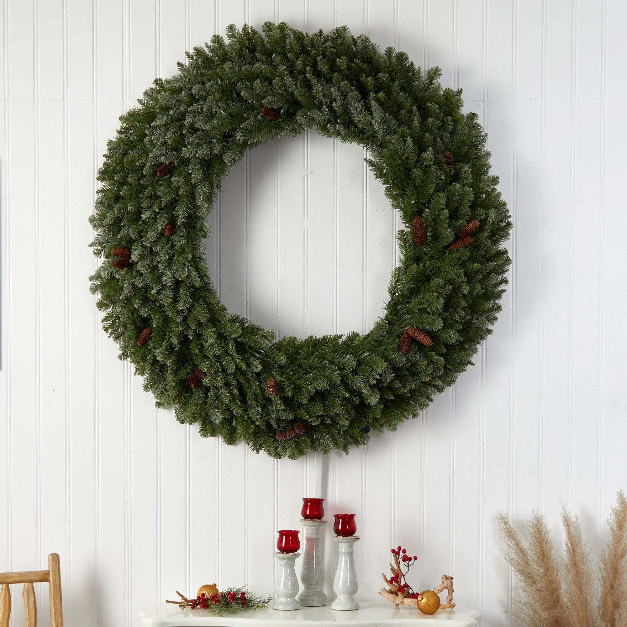 5’ Flocked Artificial Christmas Wreath with Pinecones, 300 Clear LED Lights and 680 Bendable Branches - Image 5