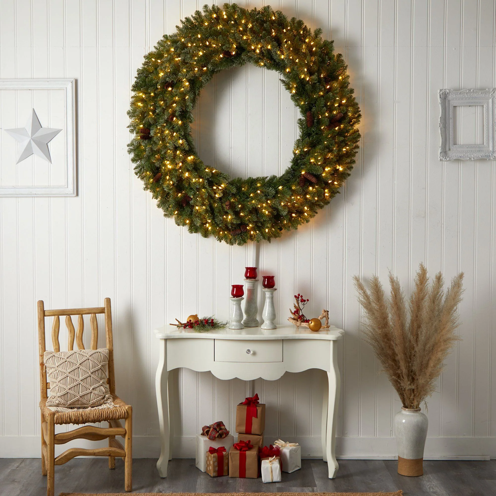 5’ Flocked Artificial Christmas Wreath with Pinecones, 300 Clear LED Lights and 680 Bendable Branches - Image 6