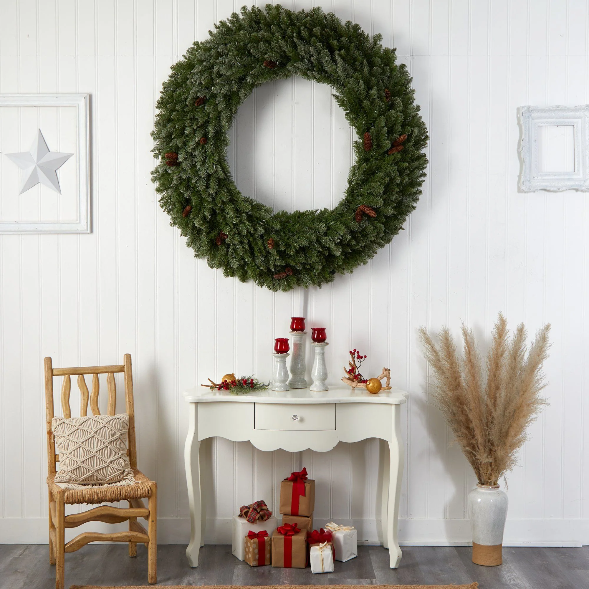 5’ Flocked Artificial Christmas Wreath with Pinecones, 300 Clear LED Lights and 680 Bendable Branches - Image 7