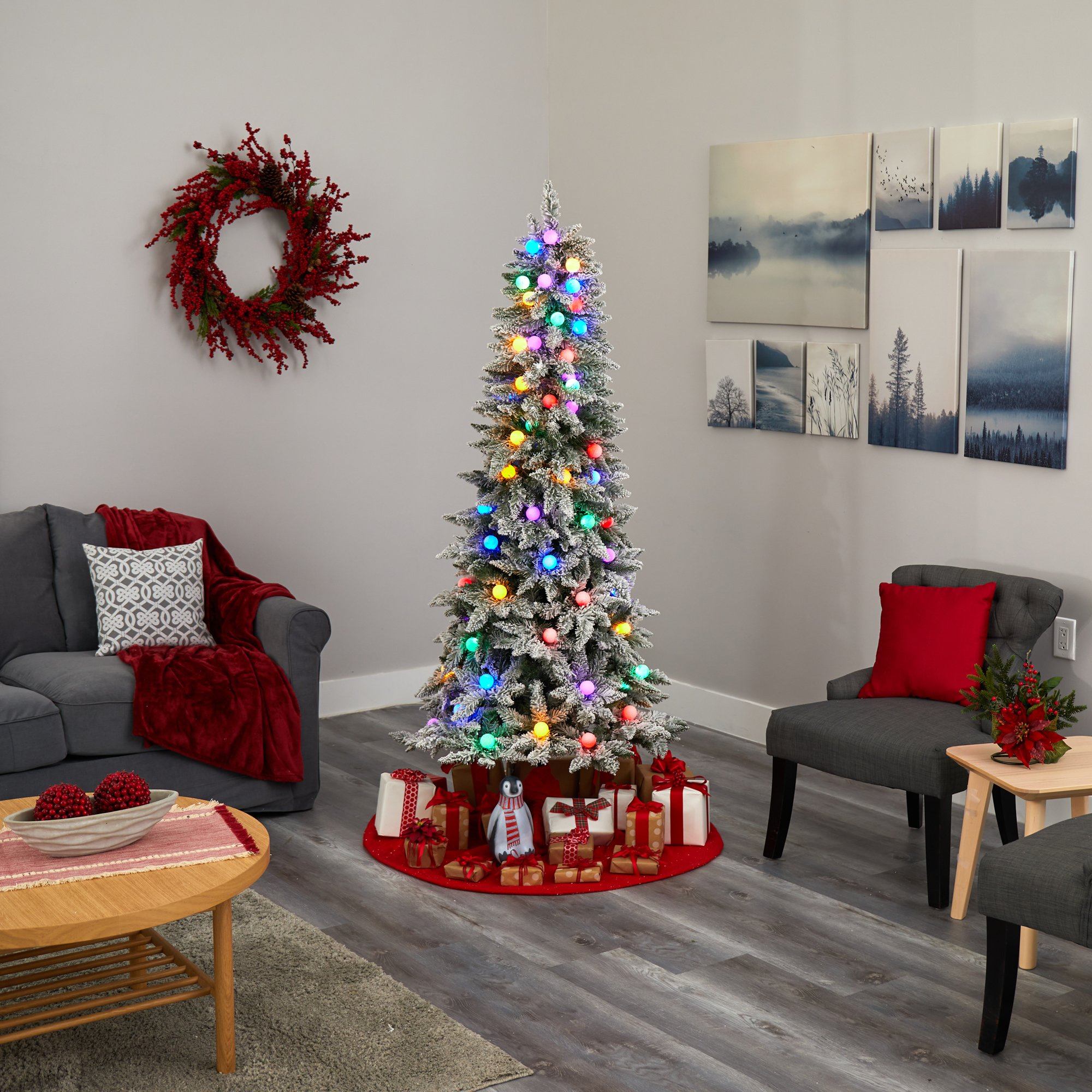 5' Flocked British Columbia Mountain Fir Artificial Christmas Tree with 50 Multi Color Globe Bulbs and 379 Bendable Branches - Image 4